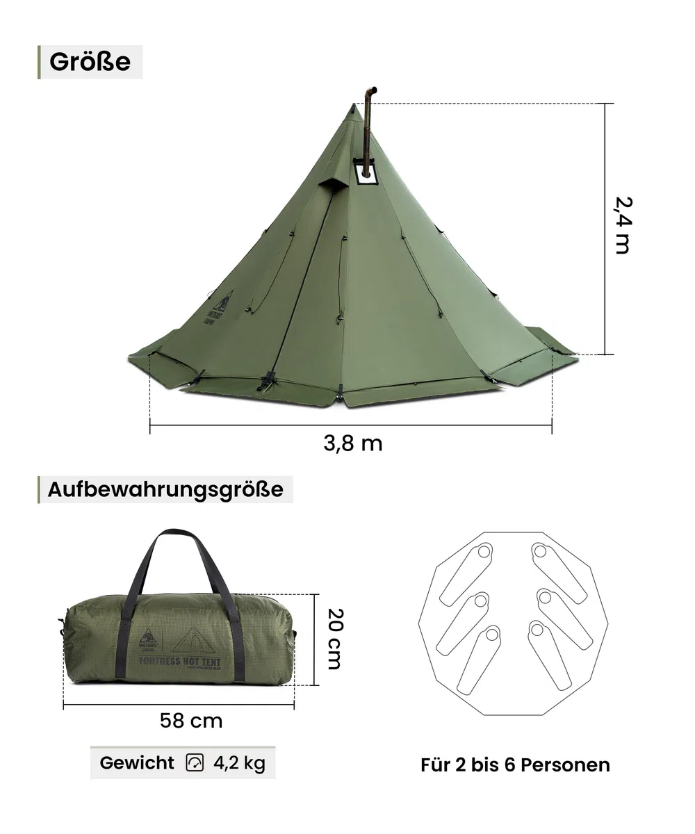 OneTigris Rock Fortress Tipi Tienda de campaña para 4-6 personas, tienda piramidal con barra para tienda de campaña para 4 años, 3000 mm de columna de agua para exteriores, camping, senderismo