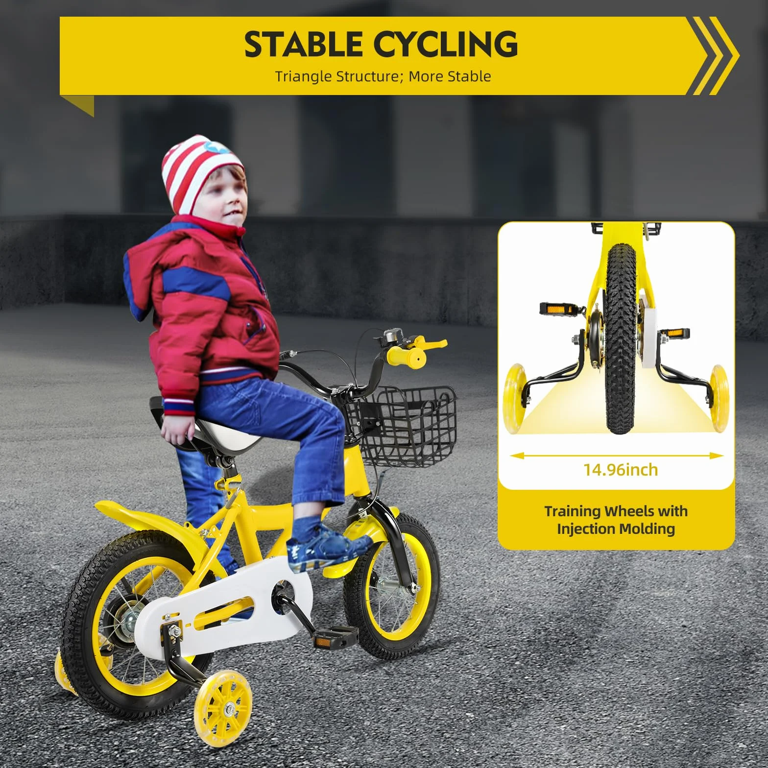 Bicicleta infantil de 12 pulgadas con ruedas estabilizadoras, bicicleta amarilla para niños y niñas a partir de 3 – 6 años, altura regulable, doble freno, marco de acero, con cesta y portaequipajes