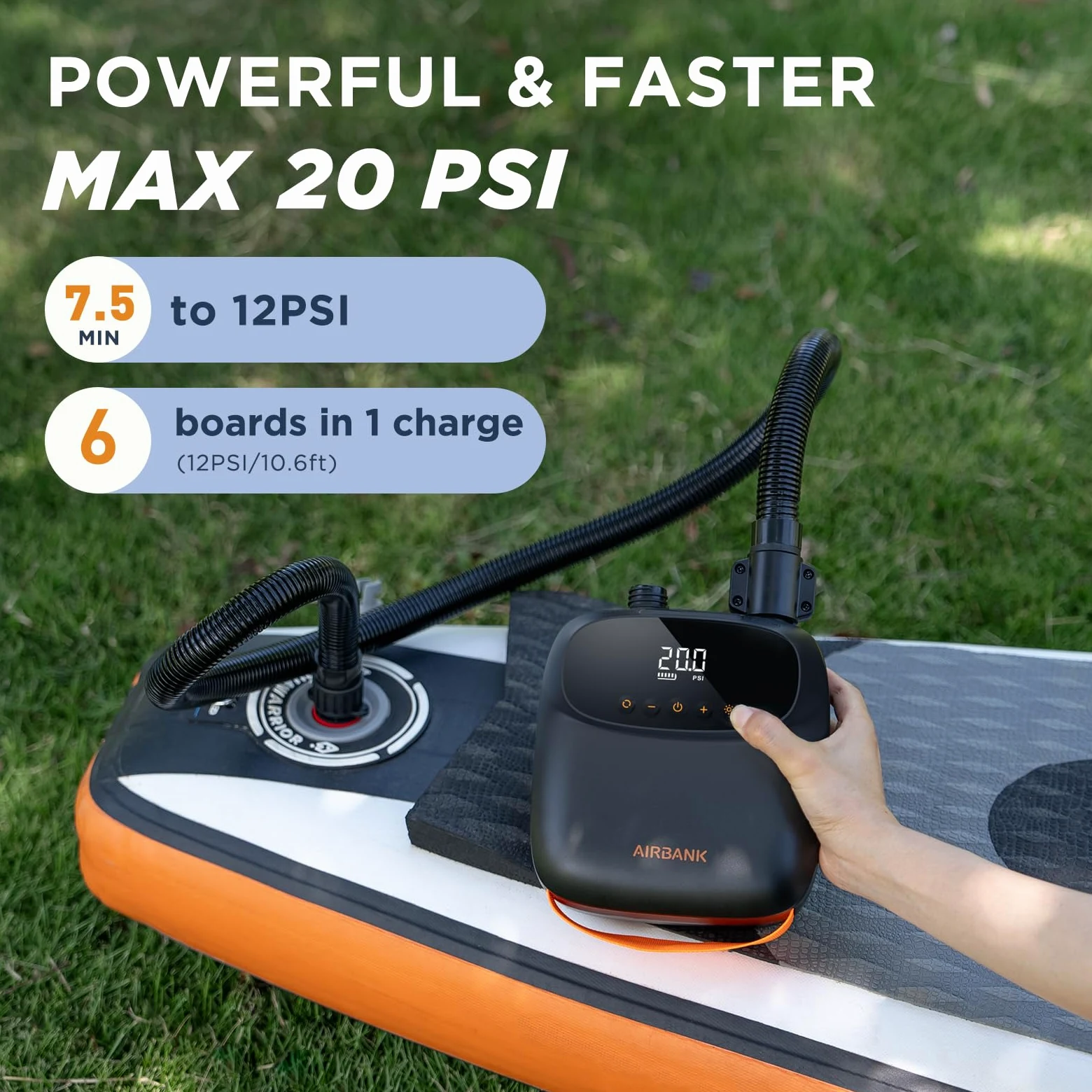 AIRBANK Bomba de Aire eléctrica Sup con batería The Buffer Pro, Bomba de Aire Recargable de Doble Etapa con Apagado automático para Tabla de Remo, lámina de ala y Cometa, Tienda de campaña, colchón