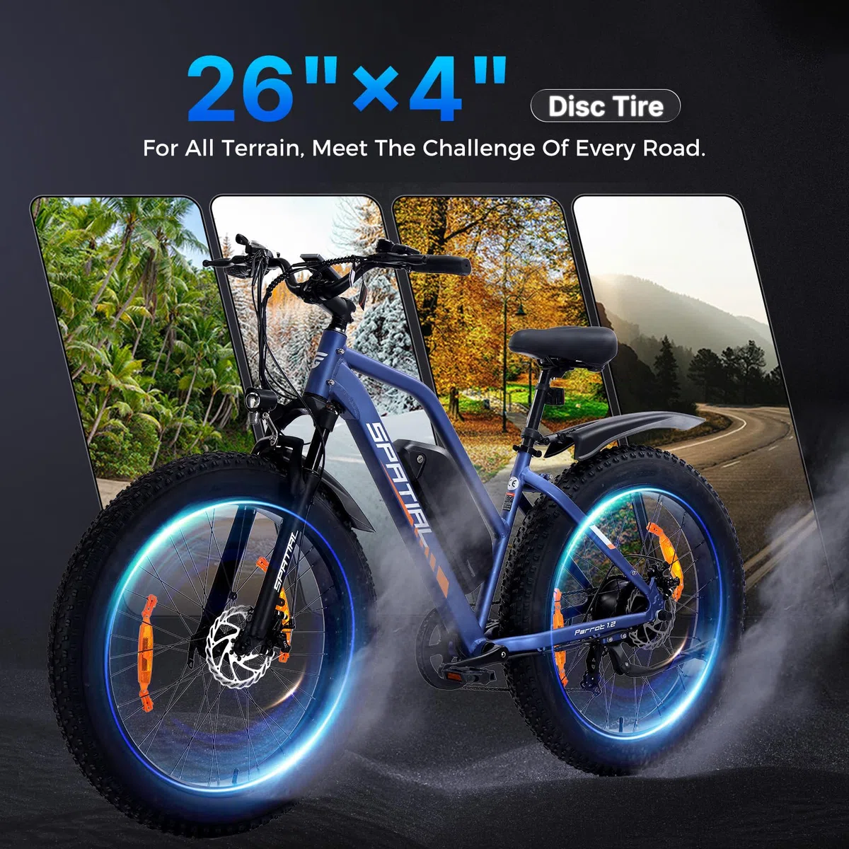 SPATIAL Bicicleta Eléctrica Montaña de 26" con Neumáticos Anchos de 4.0" y Batería de 48 V 13Ah y 624 WH
