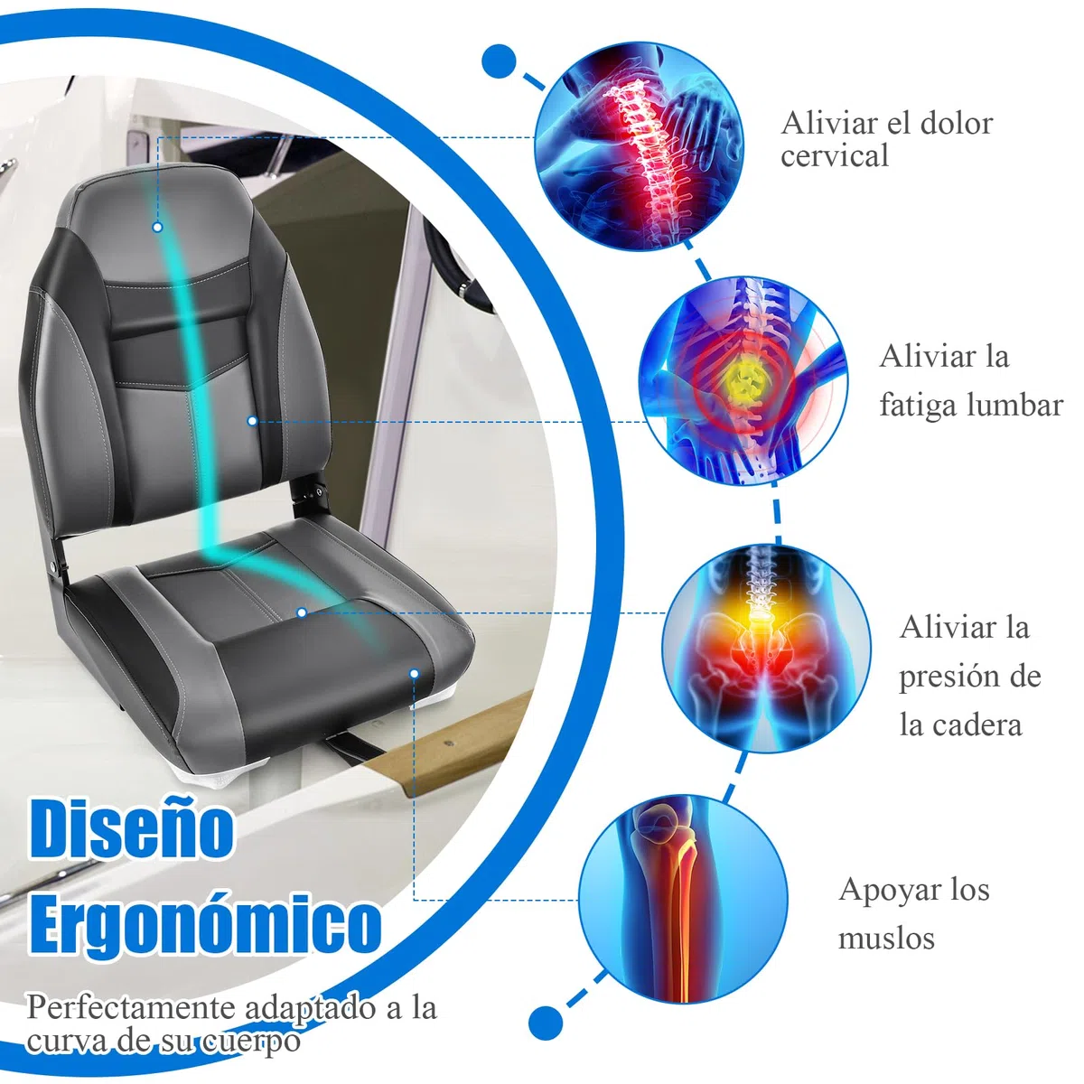 GOPLUS Asiento de Barco, Asiento de Pesca Plegable con Cojín Acolchado Suave y Costuras Reforzadas, Diseño Ergonómico, 115KG de Capacidad para Pesca en Yate (Negro)