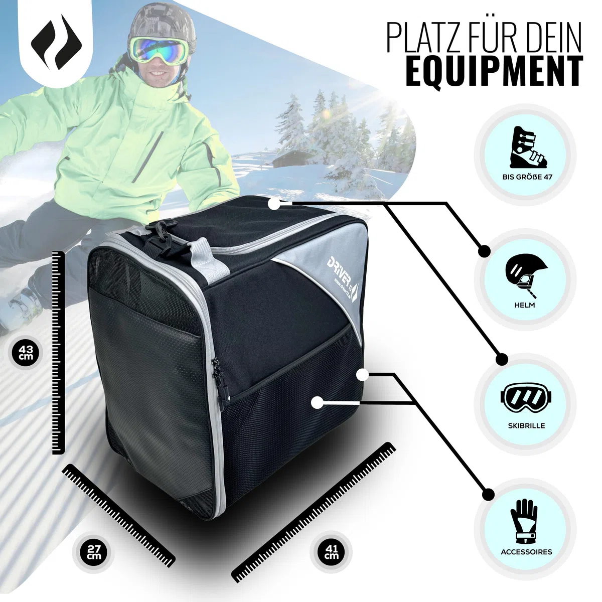 Driver13 ® Bolsa para Botas de Esquí con Compartimento para Casco, Negro-Gris
