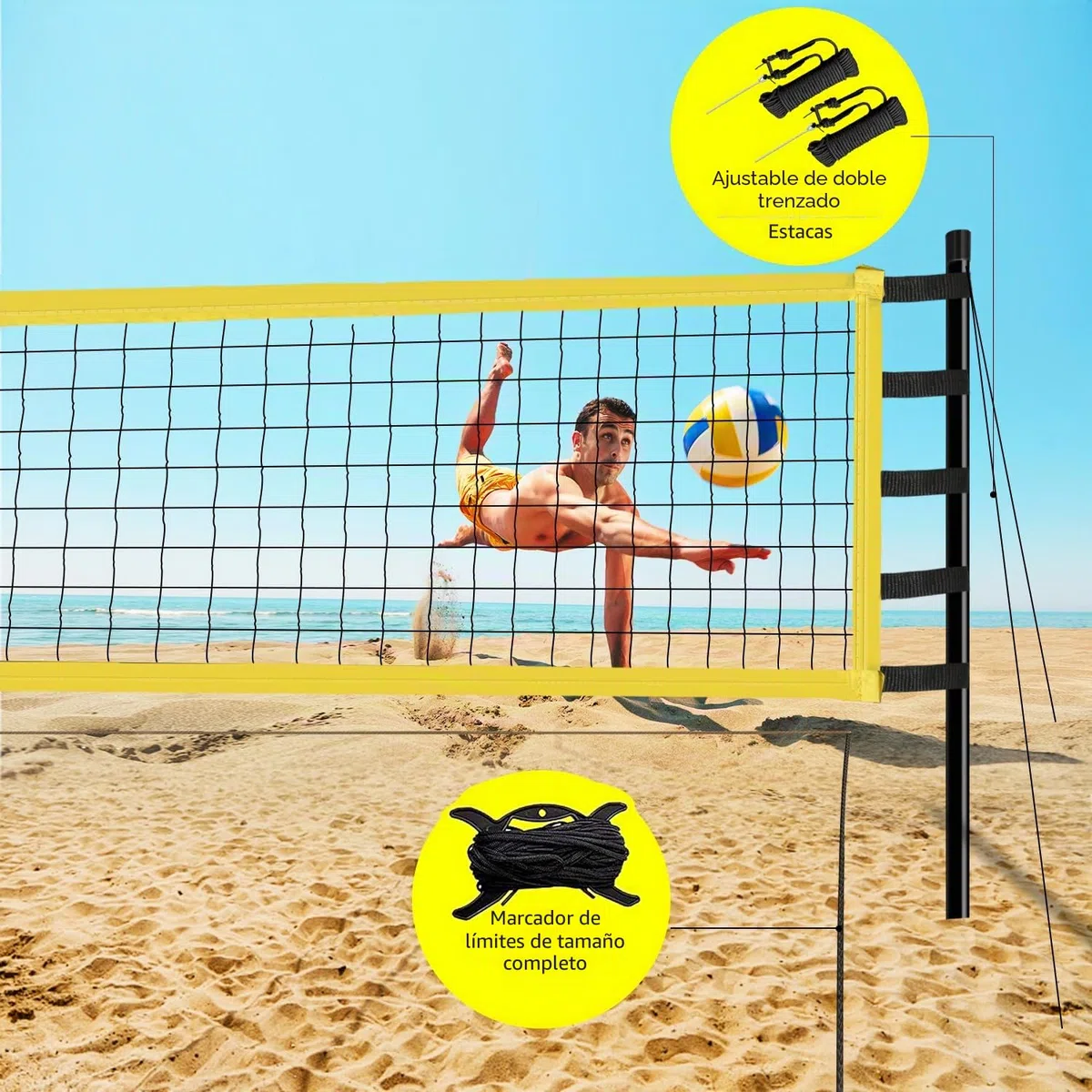 Juego de Red de Voleibol, 9,5 m x 1 m, Juego de Voleibol de Playa, Juego Completo de Red Plegable con Postes de Acero, Marcas de Campo, Voleibol y Bolsa de Transporte, líneas de Voleibol, Altura