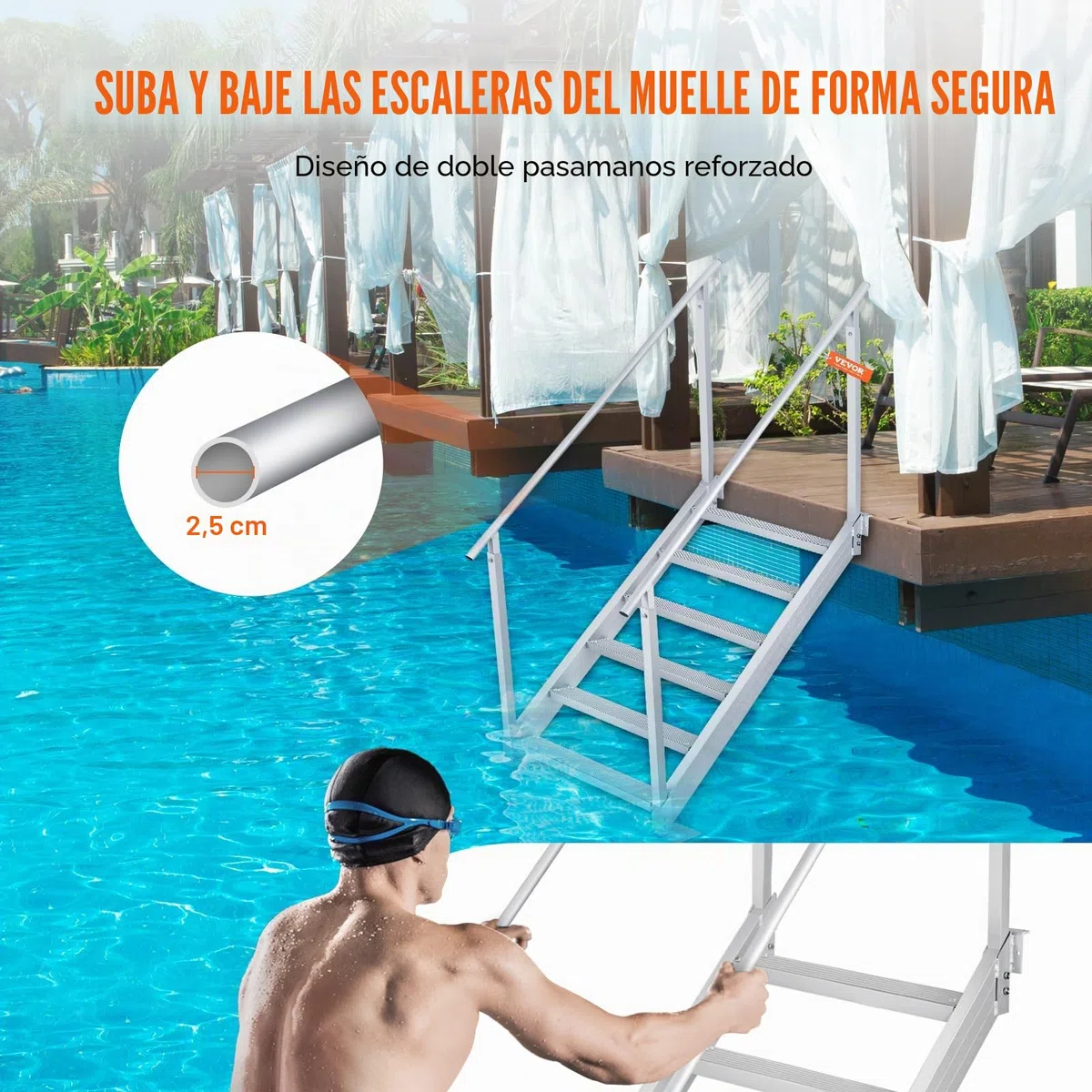 VEVOR Escalera de Muelle Altura Ajustable 109-130 cm Pontón Escalera para Barco 6 Escalones Aleación de Aluminio Carga 226 kg con Pasamanos Pedales Antideslizantes para Embarque en Barco, Piscina