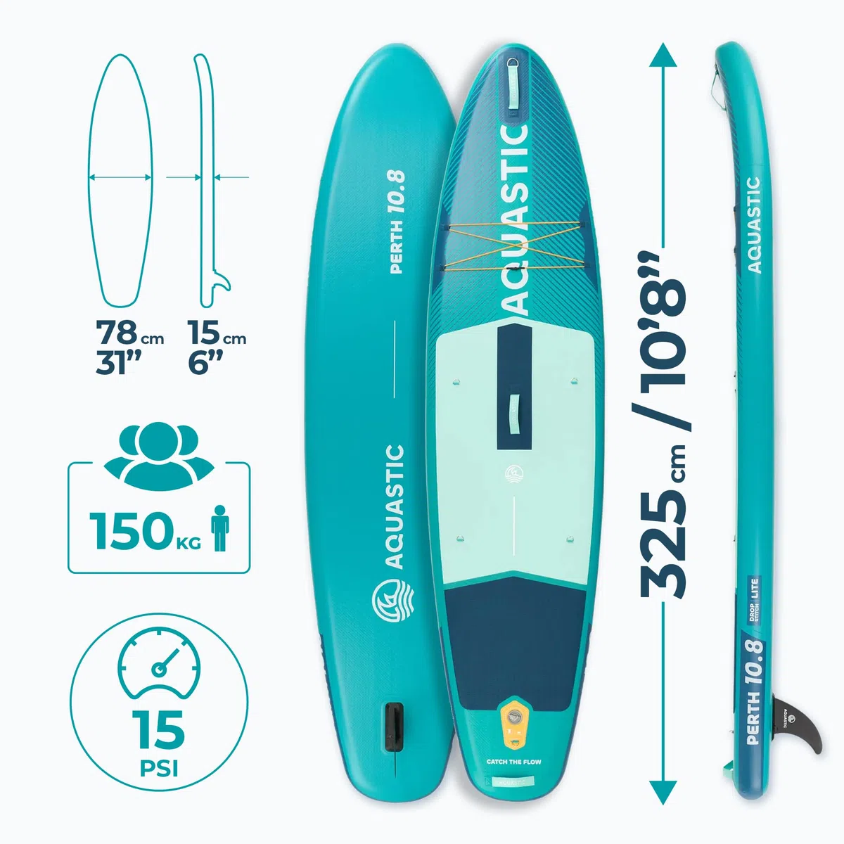 AQUASTIC Perth 10'8" Sup Board Set – Juego Completo con Remo, Asiento de Kayak, Correa de 300 cm, Bomba, Mochila, Drop Stitch Lite, Estable y Resistente, para Principiantes y avanzados