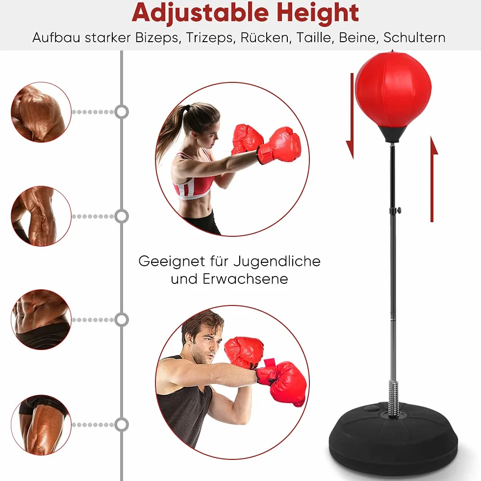 Set de Boxeo de pie para Adultos, con Guantes, Punching, Altura Ajustable 120-150 cm, Color Rojo, Adecuado para el Uso Profesional en el Gimnasio y en casa