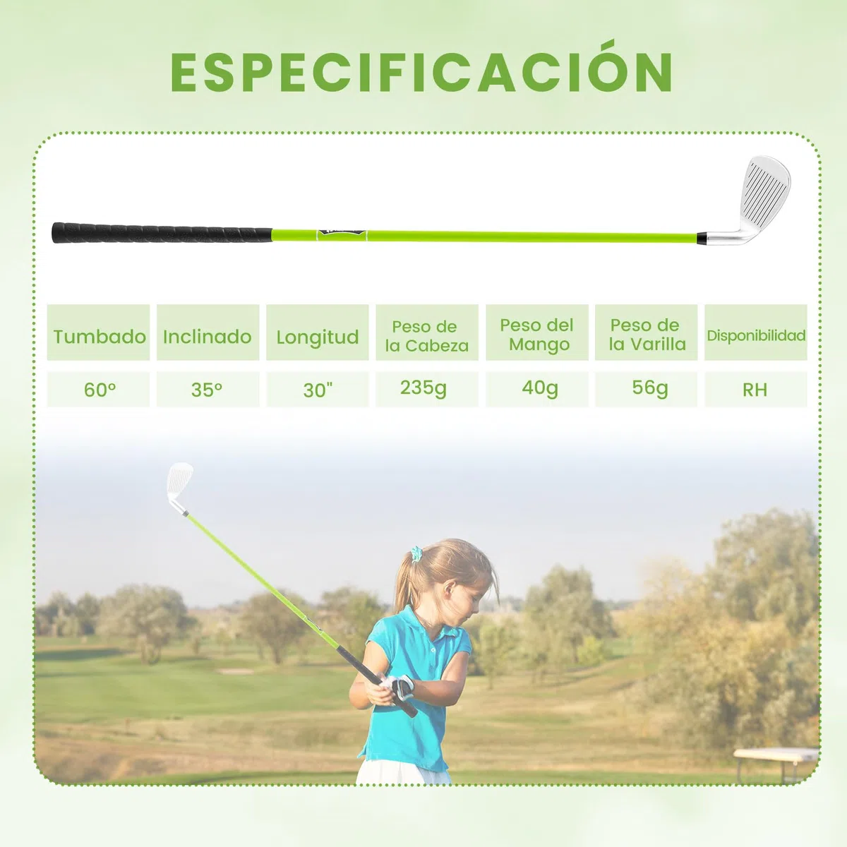 COSTWAY Hierro Junior #7 para Niños, Palo de Golf Individual para Chicos y Chicas con Eje de Fibra de Vidrio y Cabeza Protectora, Palo de Golf para Práctica Junior, Mano Derecha, 76 CM, Edad 8-10