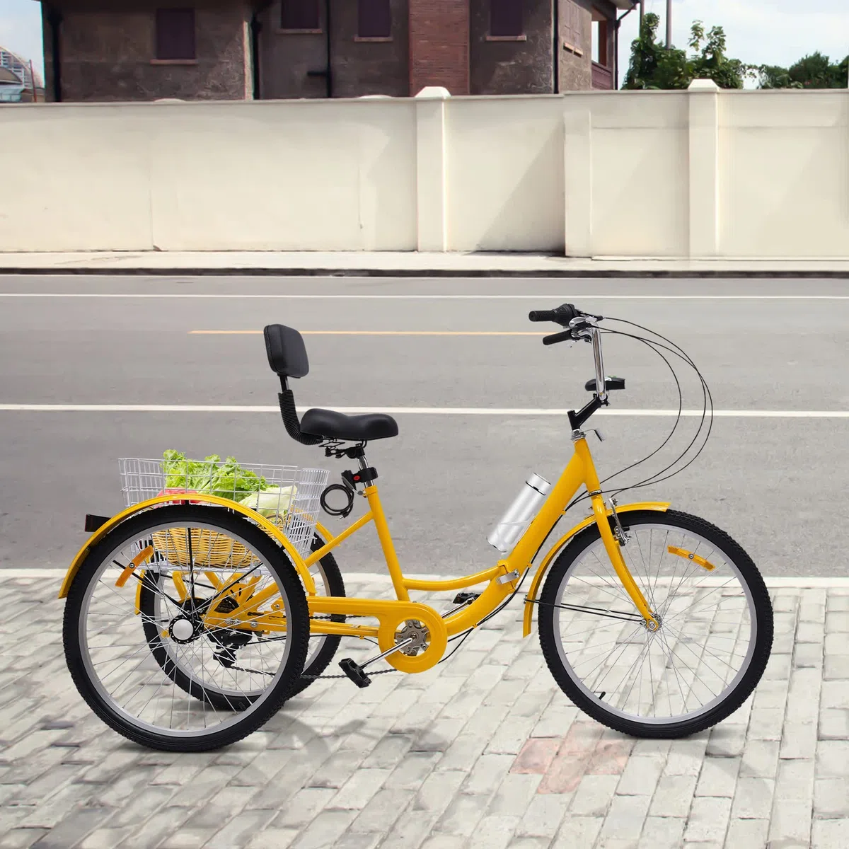 Triciclo para adultos de 24 pulgadas plegable, 3 ruedas de 7 velocidades, bicicleta para adultos, triciclo para adultos, triciclo, bicicleta de crucero, con luz LED, cesta de verduras,