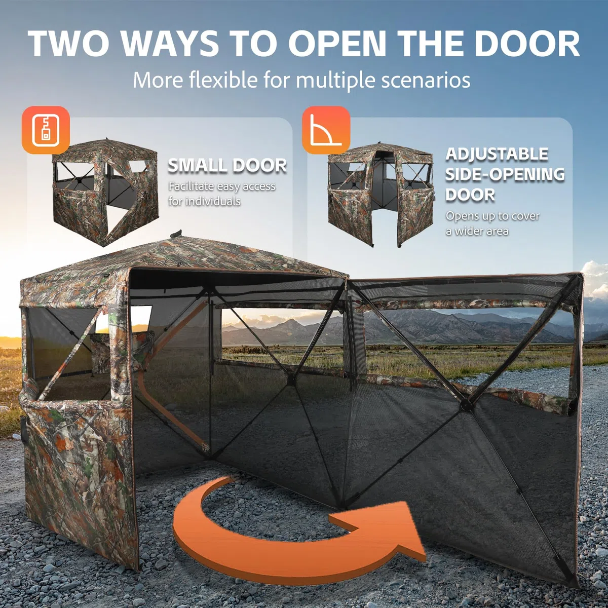 FUNHORUN Persiana de caza de 360 grados, transparente, doble puerta, para caza, 2/3 personas, portátil, camuflaje, ciervos/pavos, con paneles de seguridad naranja