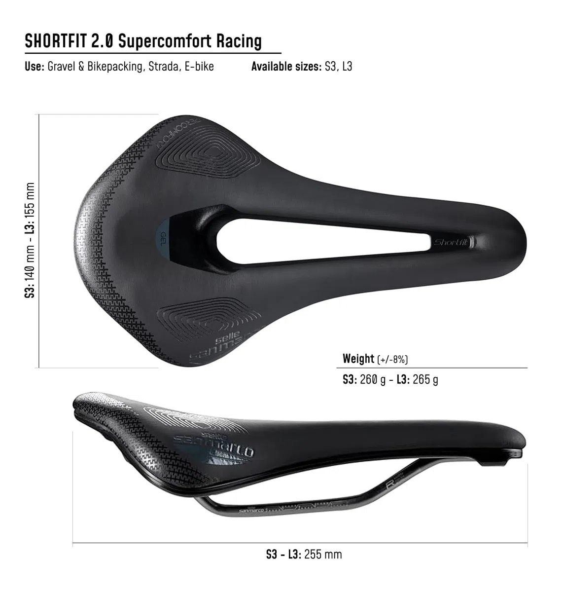 Selle San Marco SHORTFIT 2.0 Supercomfort Racing - Sillín Bicicleta Gravel y Bikepacking, Ligero y Cómodo, Agujero Anatómico, Gel Extra, Rail Acero