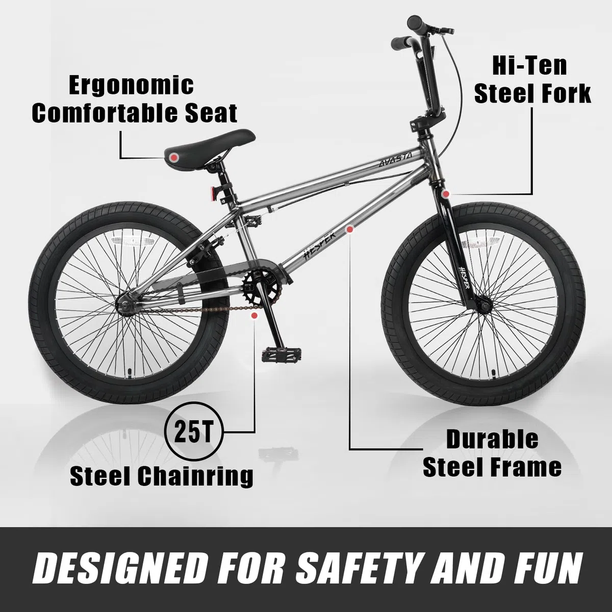 AVASTA Hesper Bicicleta BMX Freestyle de 20 pulgadas para niños, para chicos de 6, 7, 8, 9, 10, 11, 12, 13, 14 años y principiantes, color gris