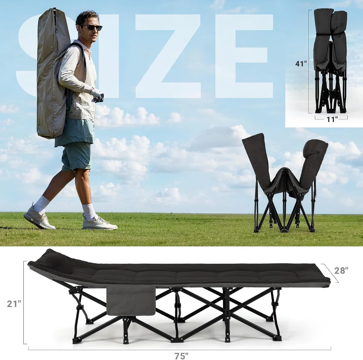OVERMONT Cama de Camp Plegable con Colchón - Cama de Camp Plegable 190 x 70 x 40 cm - Soporta hasta 250 kg - Tela Oxford con Bolsillo Lateral - Bolsa de Transporte para Camping Jardín Oficina - Negro