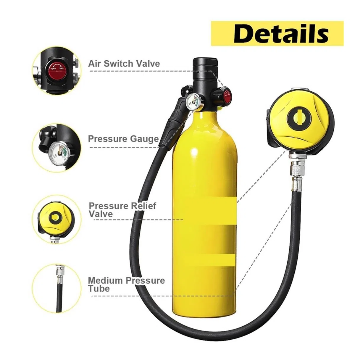 KANBUN Equipo de buceo de 1 litro, mini cilindro de buceo, respirador de buceo, tanque de aire, bomba de mano para esnórquel, equipo de buceo para buceo o como botella de aire de repuesto