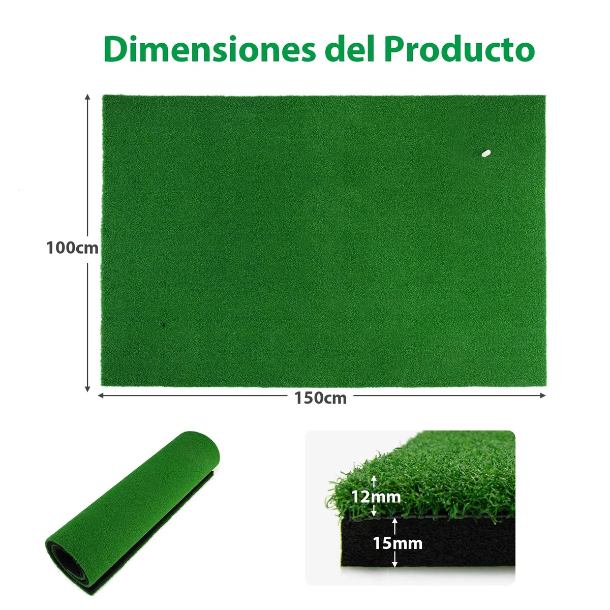 GYMAX Alfombrillas de Golf 150 x 100 cm, Tapete de Golf con 3 Tees de Goma y 2 Posiciones, Césped Artificial de 12 mm, Unisex Adulto