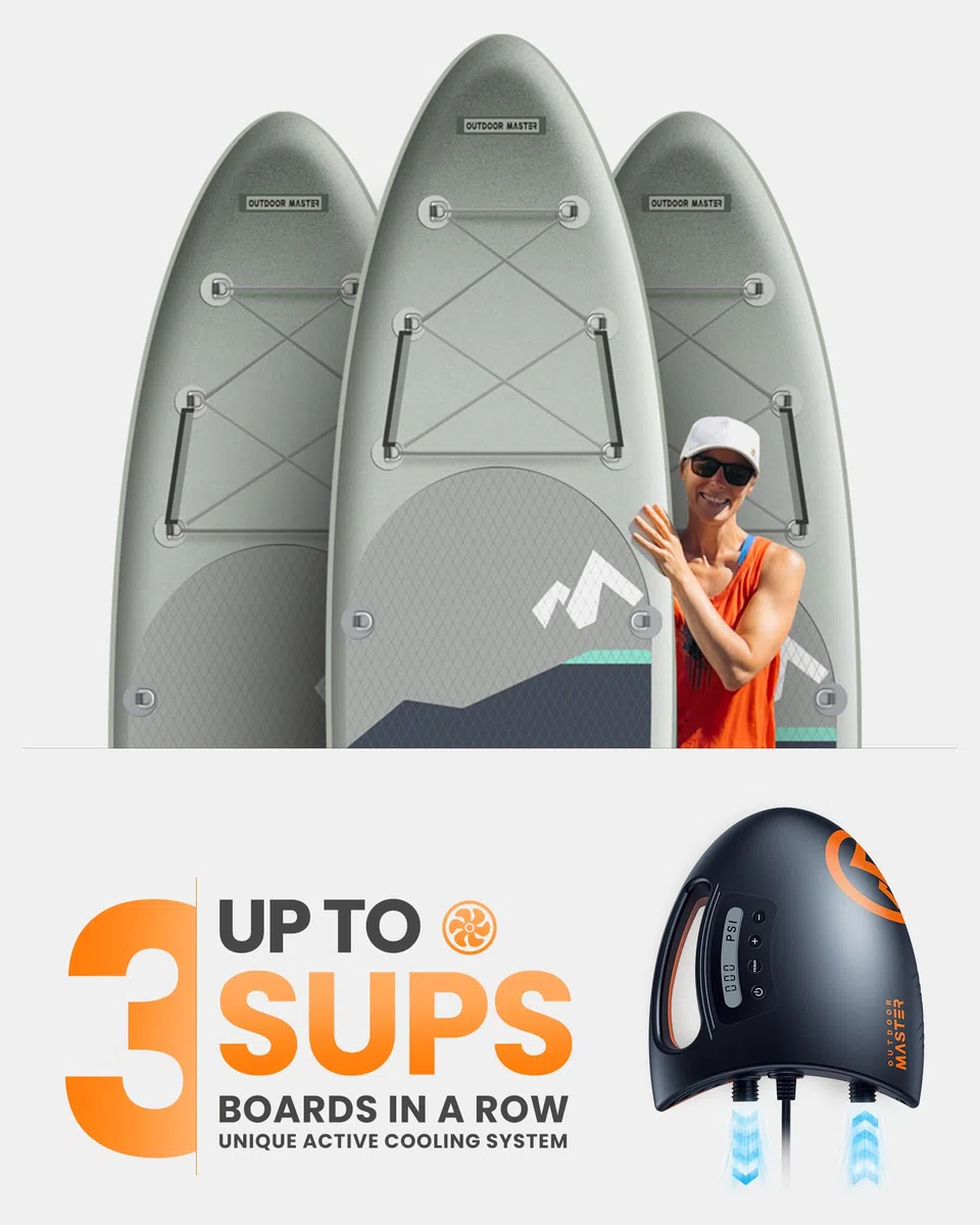 OutdoorMaster The Shark Bomba Sup de Alta presión - Bomba de Aire eléctrica con Sistema de enfriamiento Activo de 20 PSI Inflación Inteligente de Dos etapas y Apagado automático para Tablas de Remo