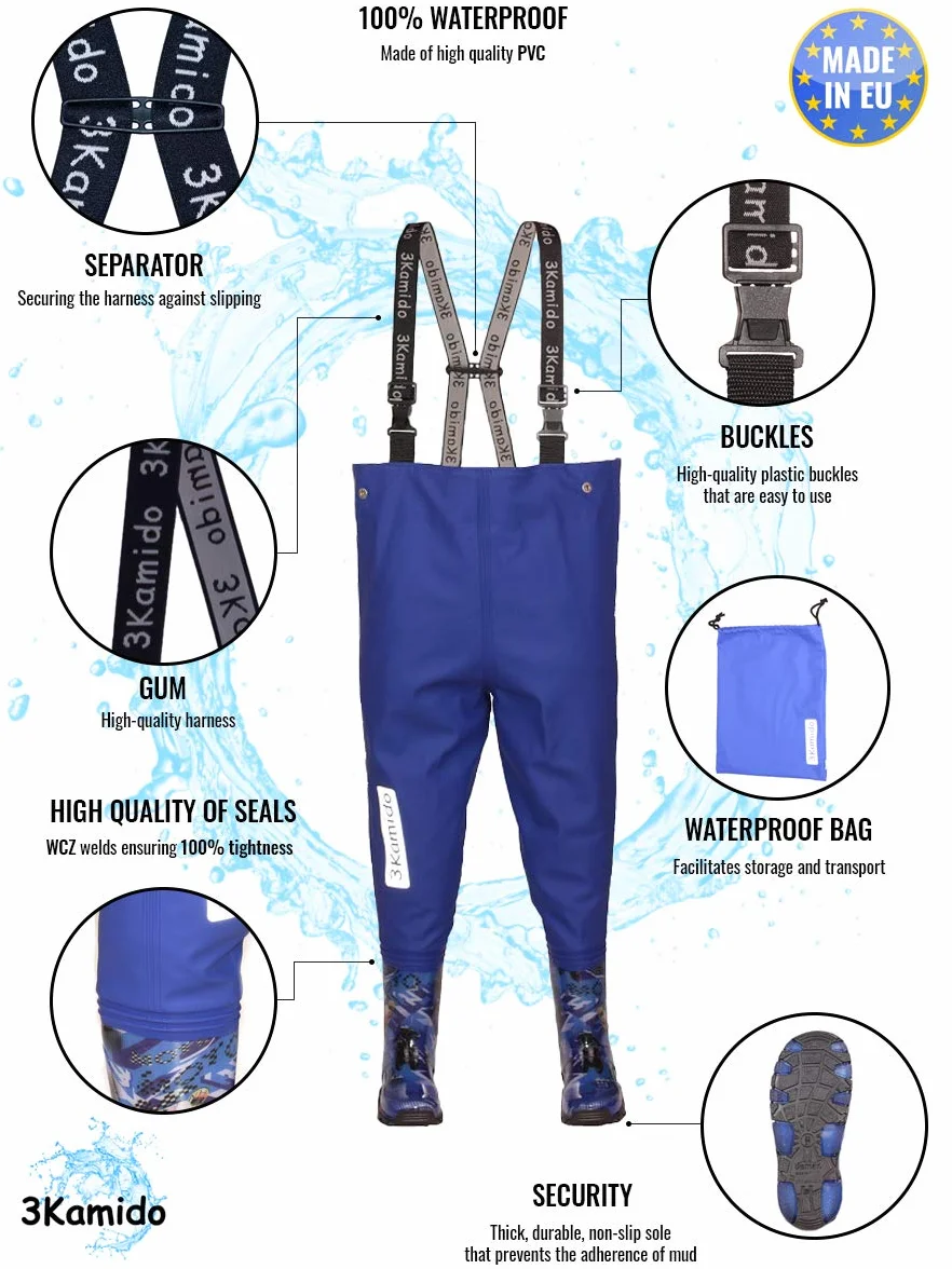 NIÑOS vadeadores de Pesca Infantiles para jóvenes - 10 Modelos, Cintura Ajustable, Tirantes duraderos, Hebilla FixLock Nexus, Botas de Pesca, 20-35 EU