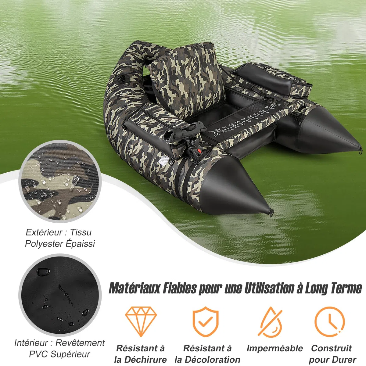 GOPLUS Barco de Pesca Inflable, Barca Hinchable con Respaldo y Correas Ajustables, Bomba Manual, Remo, Aletas, Soporte para Caña de Pescar, Regla de Peces, Almacenamiento, Carga 150 KG, Camuflaje