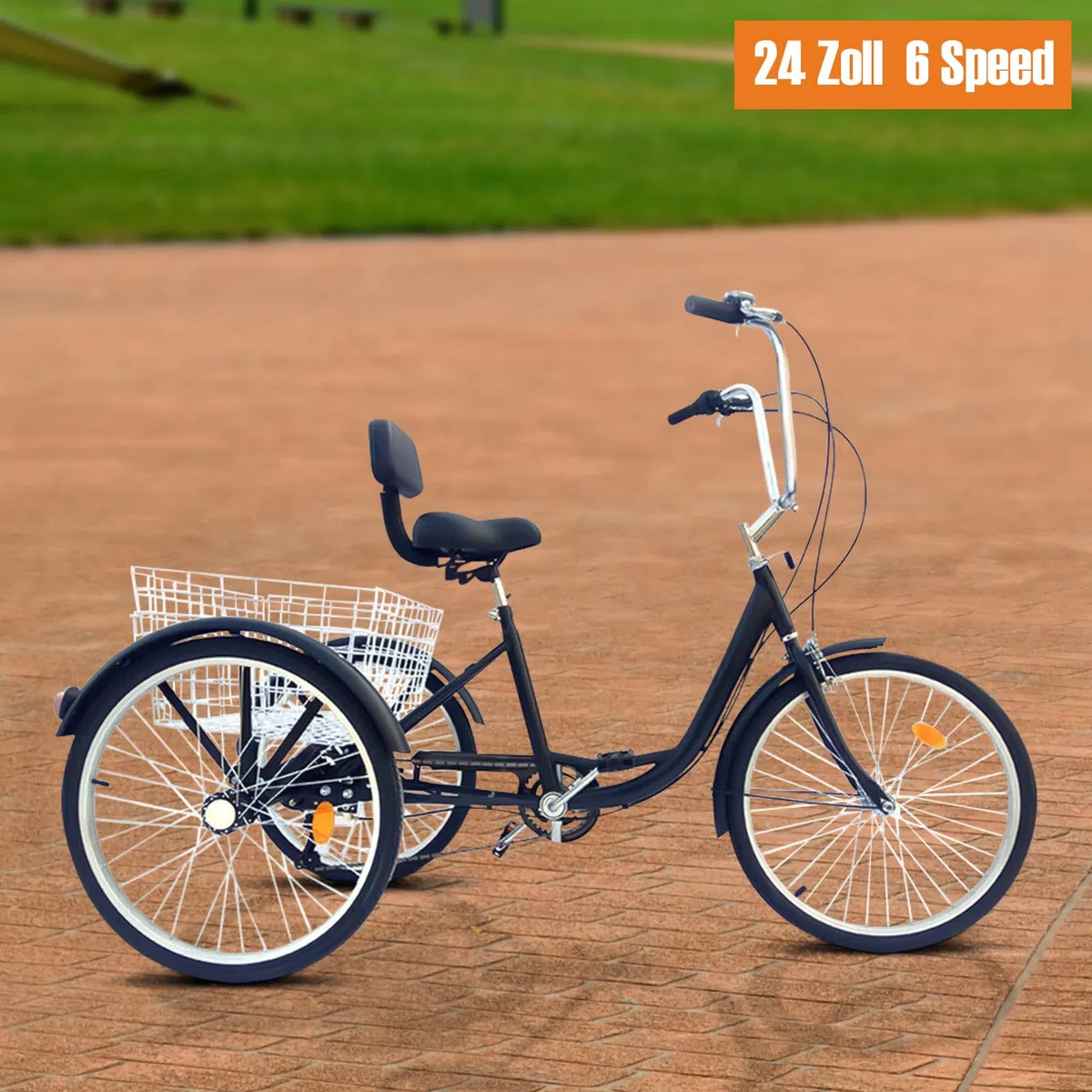 Bicicleta cruiser de 3 ruedas, bicicleta de tres ruedas para adultos, con soporte lumbar, 6 velocidades de 24 pulgadas, con cesta de la compra, triciclo, herramientas para turismo, para personas