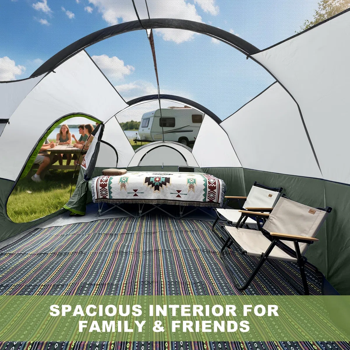 CAMPROS CP Tienda de Campaña 6-8 Personas, Tienda Familiar Grande 427 x 274 x 183 cm, 2 Habitaciones con Separador, Altura Cómoda, Montaje Rápido en 5 Minutos, Ventilada, Camping Familiar