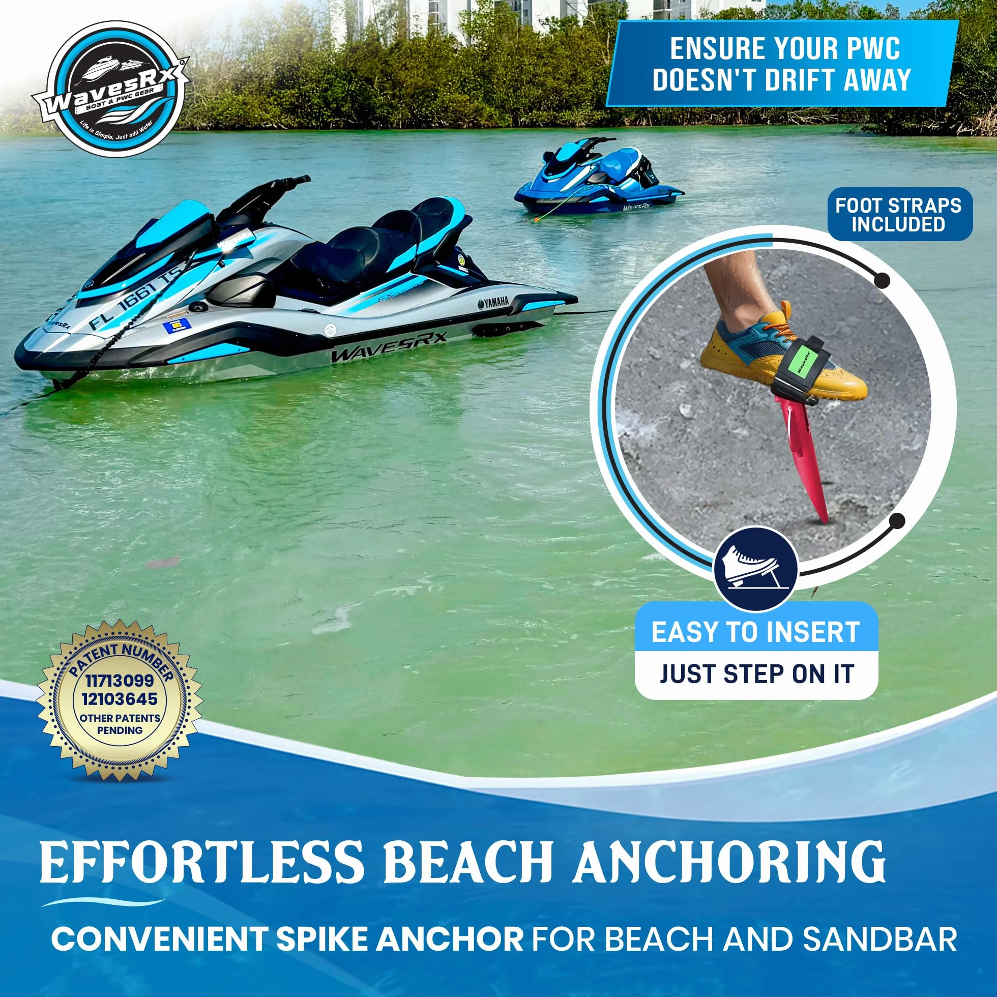 WAVESRX Ancla de Playa con púas de Aluminio patentada Ancla ultraligana para Motos acuáticas, Motos de Agua y Arena, Ideal para un fondeo Seguro de embarcaciones, pontones y Kayaks