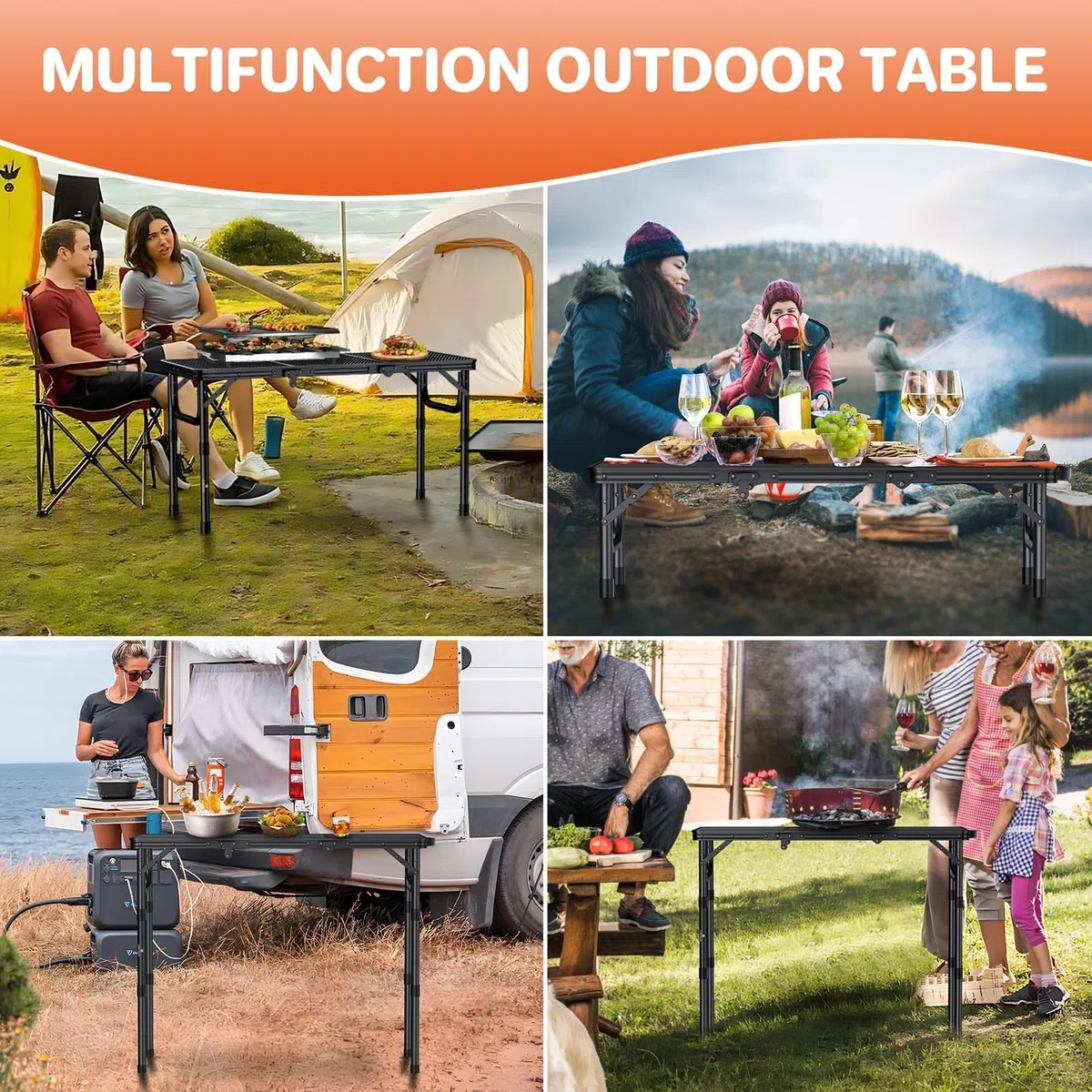 FUNYKICH Mesa Plegable Portátil para Barbacoa 87x40cm, Mesa Plegable Camping Alturas Ajustables (26/48/70cm), Superficie de Malla Aluminio Impermeable, Montaje Rápido, para Camping, Jardín y Fiestas
