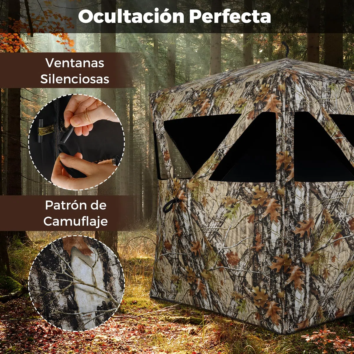 GYMAX Tienda de Caza Portátil para 2 Personas, Puesto de Caza Camuflada con Ventanas Silenciosas, Paneles de Seguridad Naranjas, Bolsa de Transporte, Refugio Oculto Emergente para Ciervos y Pavos