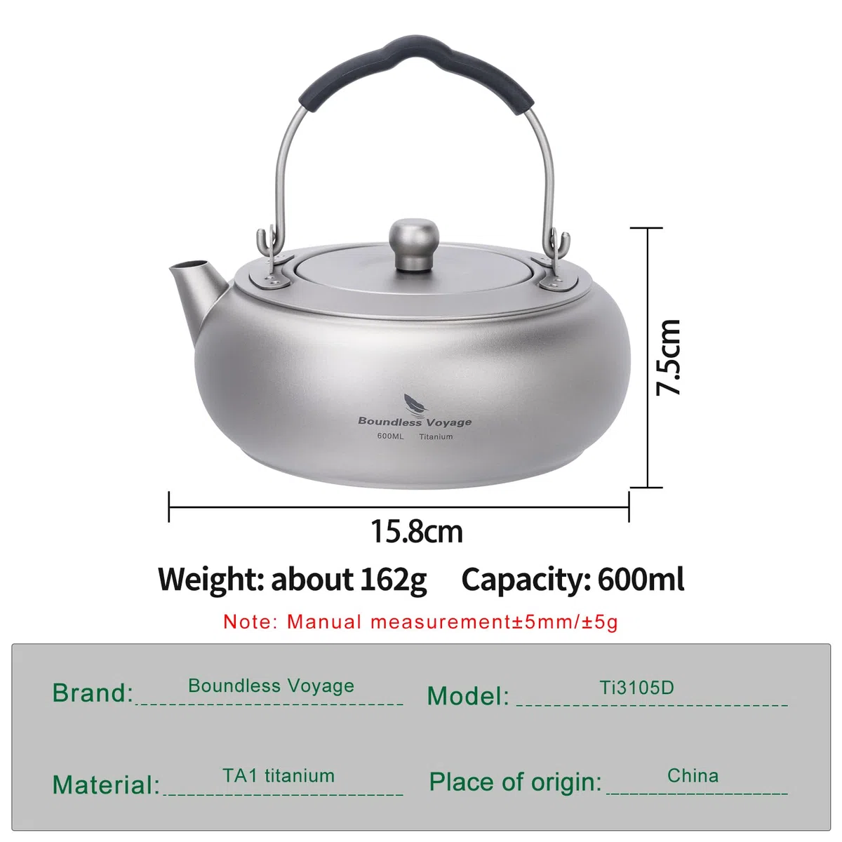 iBasingo Tetera de titanio ligera de 600 ml con mango plegable, filtro integrado, compacto, portátil, duradero, para mochileros, senderismo, café y té al aire libre, Ti3105D