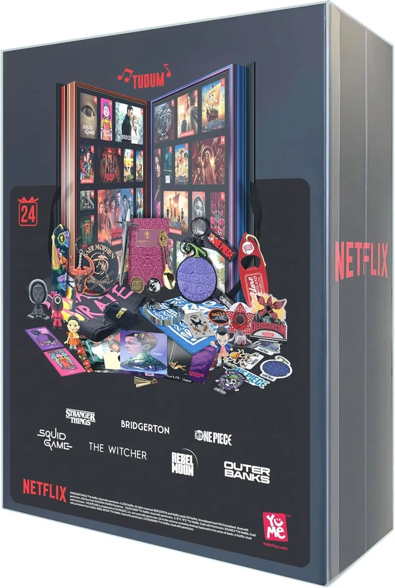 YuMe 15309 - Scatola regalo Netflix, calendario dell'Avvento con effetto sonoro, da 16 anni, 24 sorprese da 7 popolari serie Netflix