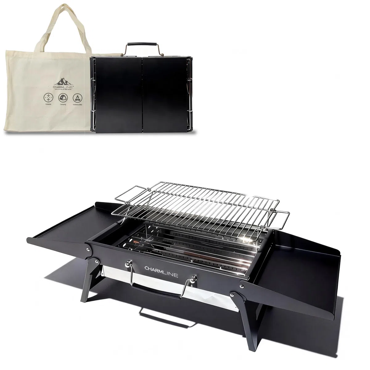 Charmline 39 * 27 cm Barbacoa de Carbón para Camping, Picnic, Jardín y Playa, Pequeña Barbacoa de Carbón Portátil Plegable para 2-4 Personas, BBQ Portátil para Uso en Exteriores, Negro