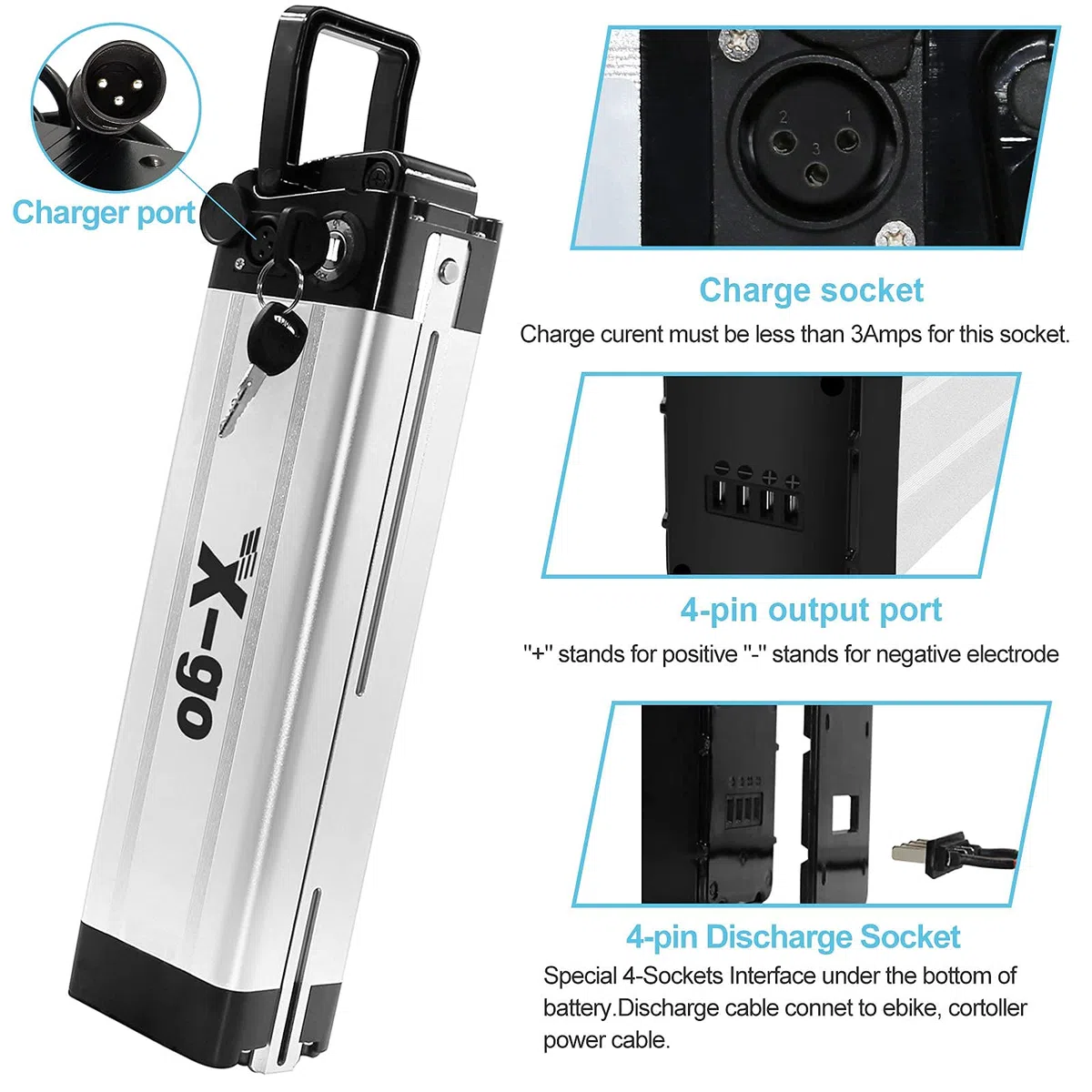 X-go 36V 10AH Batería para Bicicleta Electrica 360WH Batería Iones de Litio Li-Ion Recargable E-Bike y Cargador para Motor 50W--350W (36V 10Ah 4port )