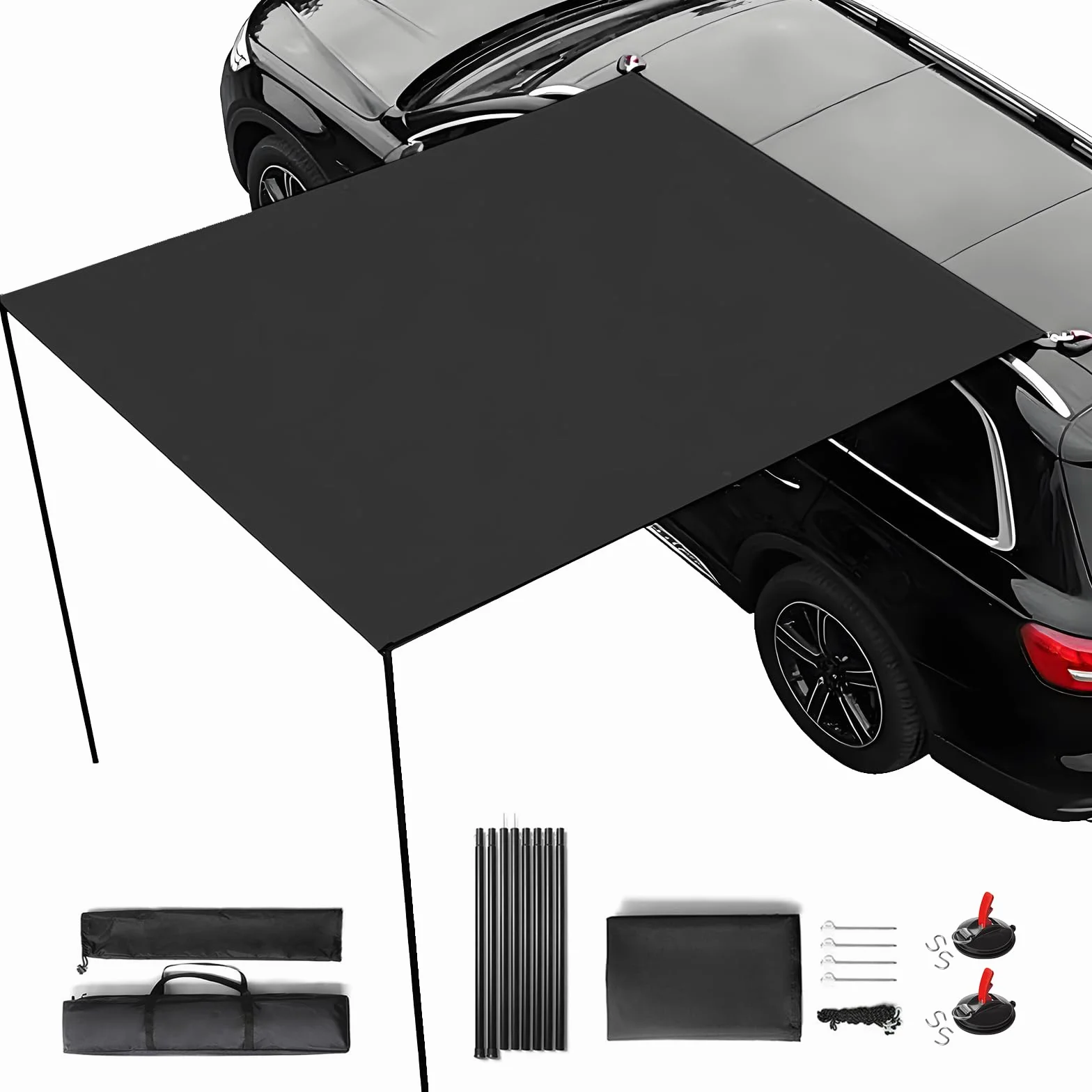 Kit de Toldos para Coche 200x300cm, con 2 Postes, 8 Cuerdas de Amarre, 8 Estacas, 2 Ventosas, Bolsa de Almacenaje y Saco de Transporte, UPF50+, PU3000+ Impermeable, para Aventuras Off-Road (Negro)
