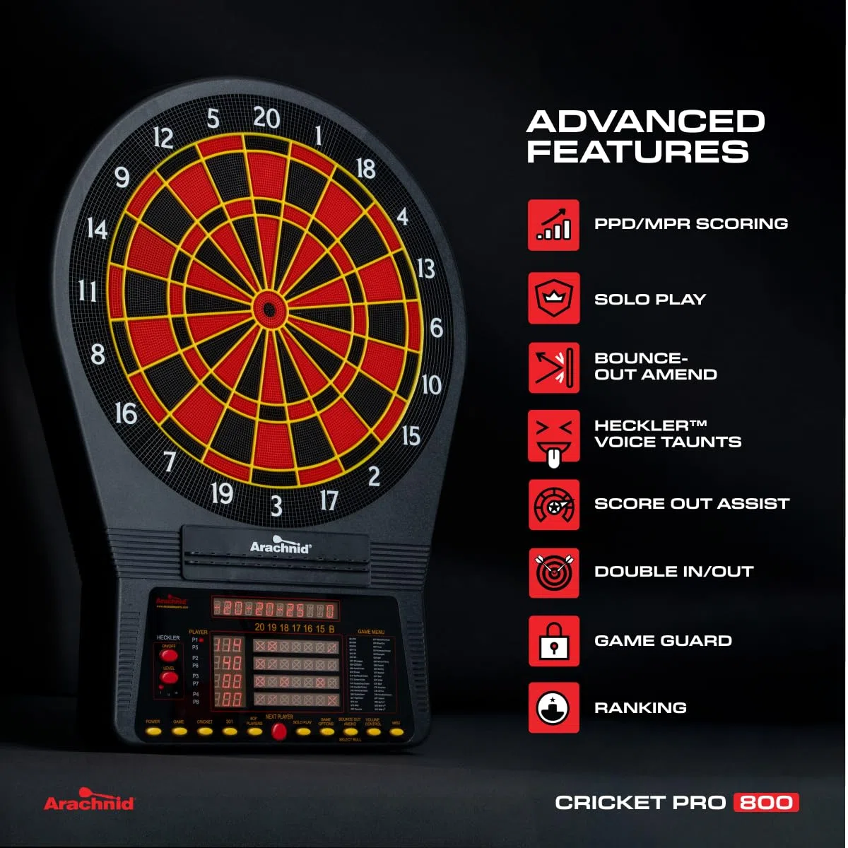 Arachnid Cricket Pro 800 - Diana electrónica con segmentos resistentes de nailon para una mayor durabilidad y jugabilidad y separadores de segmentos microfinos para reducir los rebotes, color negro