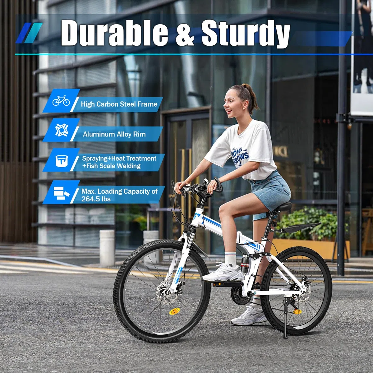 Bicicleta plegable de 26 pulgadas para adultos, bicicleta plegable de 21 velocidades, de acero al carbono, altura ajustable, para exteriores, para alturas de 5,25 a 5,9 pies