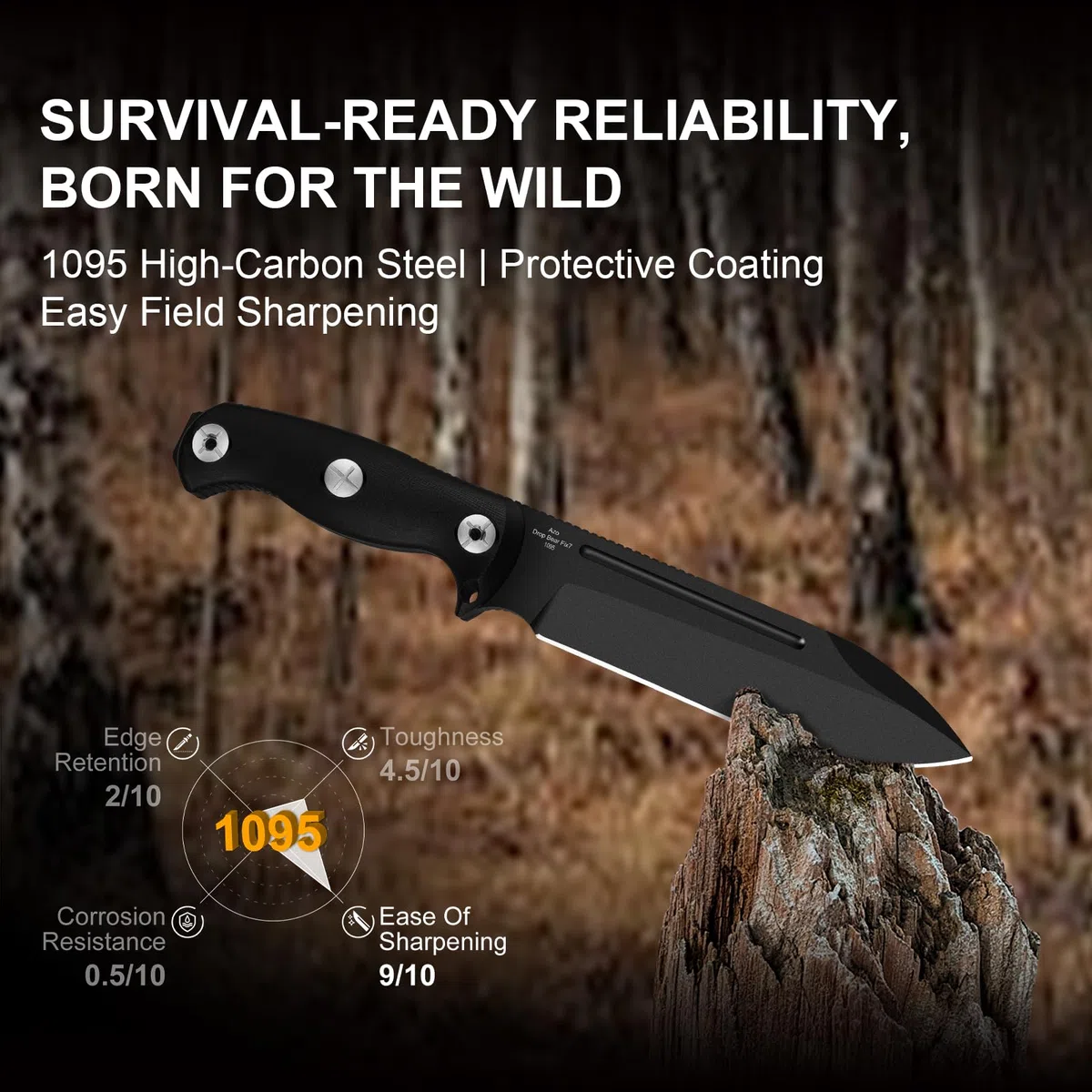 Kizer Drop Bear Fix 7 Cuchillo de Hoja Fija, 16,53 cm Hoja 1095 Cuchillo de Caza con Mango G10 y Pomo Martillo, Cuchillos de Supervivencia de Espiga Completa con Funda y Clip Giratorio, 1103A2