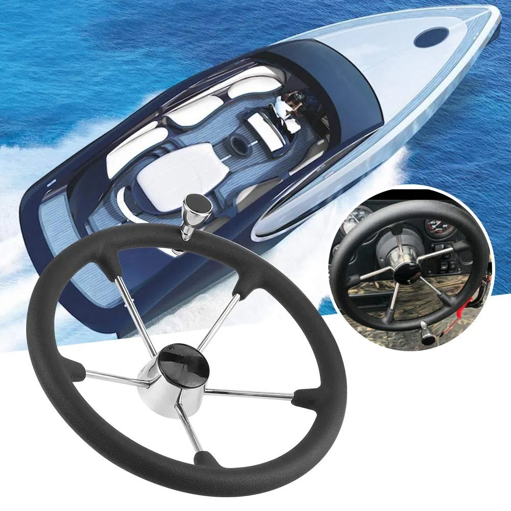 Volante Para Barco De 15-1/2 Pulgadas, Estilo De 5 Radios Con Dirección Asistida Y Mango De Espuma Negra, Acero Inoxidable 304 Apto Para Yates