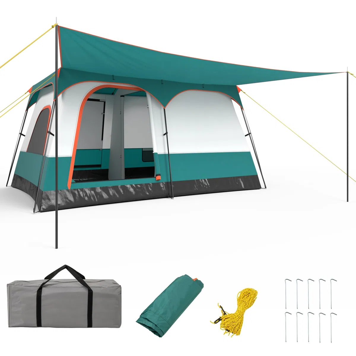 COSTWAY Tienda de Campaña 4-10 Personas, Porche, 2 Habitaciones, 2 Puertas, 2 Ventanas de Malla, Tienda de Campaña Familiar Grande, Capa Doble para Camping, Picnic