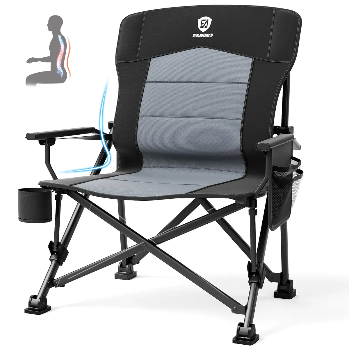 EVER ADVANCED Silla de Camping Plegable, soporta 230 kg, XL, Soporte Lumbar, Silla Plegable de 62 cm de Ancho con Bolsillo Lateral, Soporte para Bebidas, Silla Plegable de Gran tamaño, Silla de Pesca