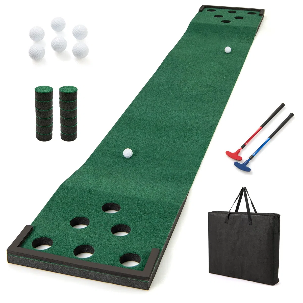 GOPLUS Alfombra de Putting, Set de Golf Pong con Putters Ajustables, Pelotas, Tapas para Hoyos para Interior y Exterior, Equipo de Entrenamiento para Casa y Oficina