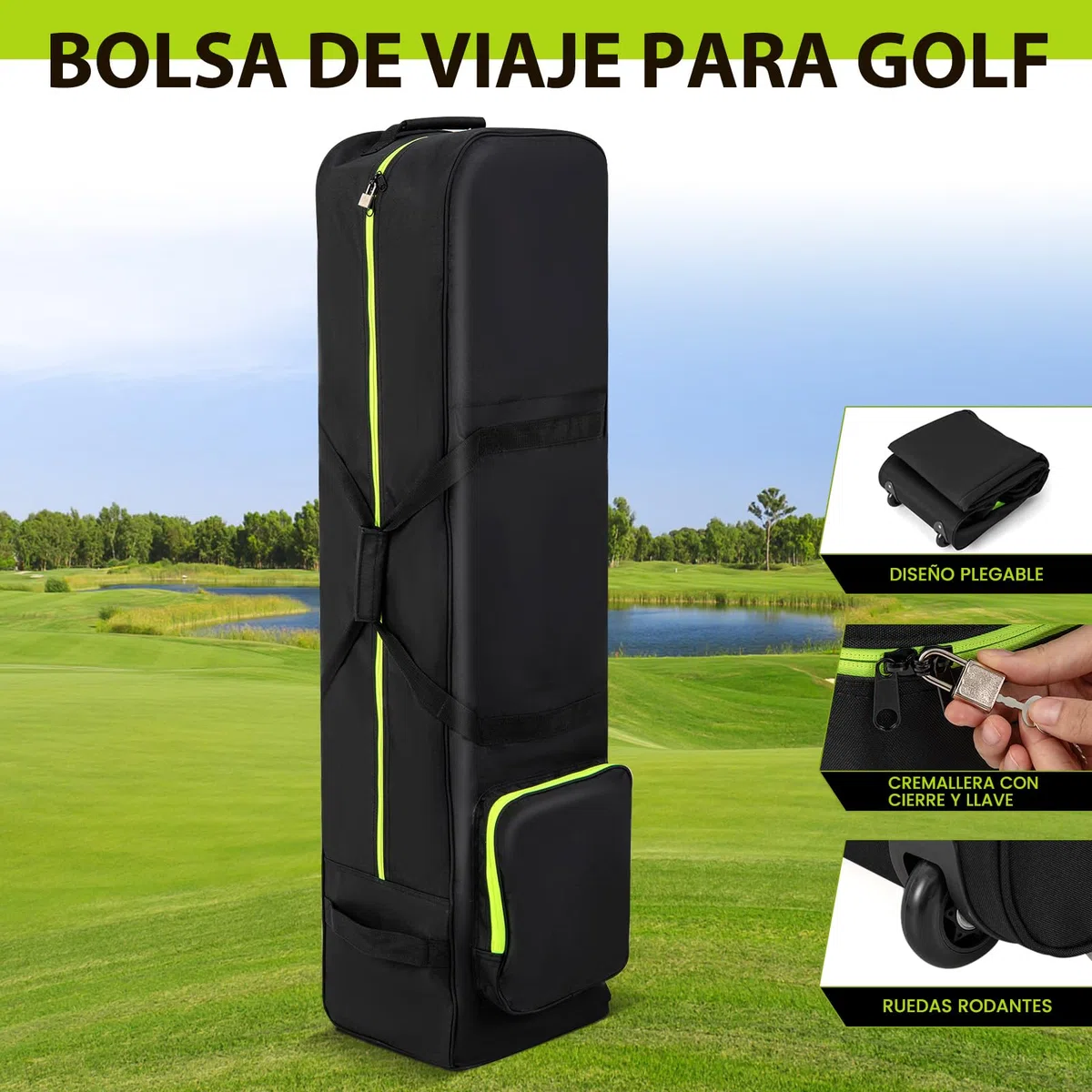 COSTWAY Bolsa de Golf de Viaje con Ruedes, Tela Oxford Resistente al Desgaste e Impermeable, Cremallera y Llave, Fundas de Viaje Plegable para Palos de Golf Aerolíneas