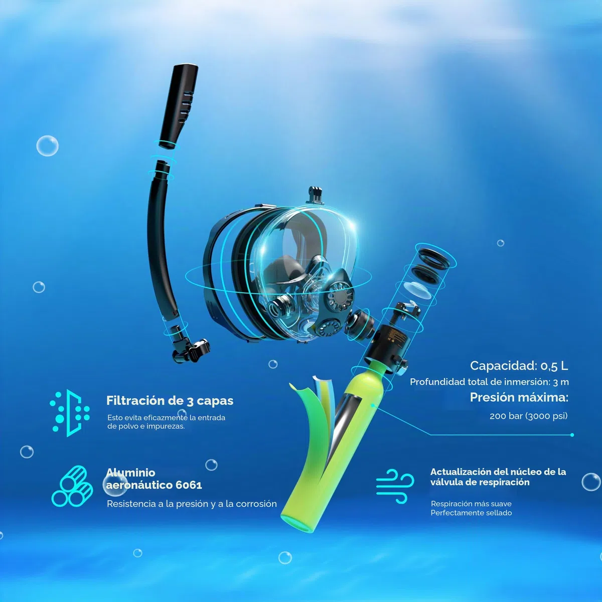 SMACO Mini Botella de Buceo con Máscara de Buceo Bombona de Buceo Pequeñas 0,5 litros Bombona Aire Comprimido Portatil Tanque de Buceo Recargable con Bomba Manual para Viajes Nadar Rescate S300