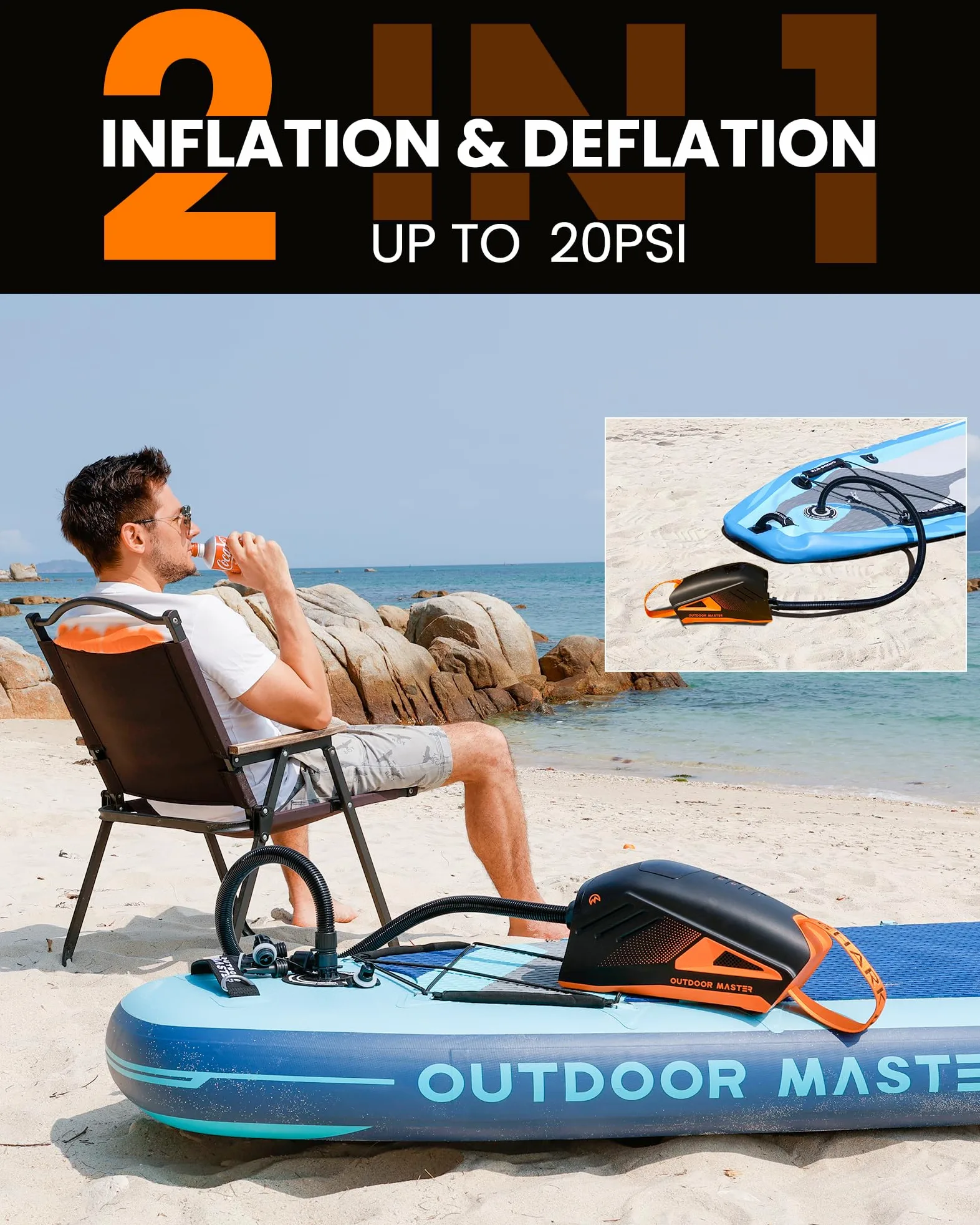 OutdoorMaster Shark 3 Bomba de Aire Electrica - Inflation Rapide en 3'50", 20PSI Sup Bomba Recargable pour Sup de 74Wh - Arrêt Automatique et Déflation, Entrée 12V/15,8V DC et Type-C, 8 Boquillas