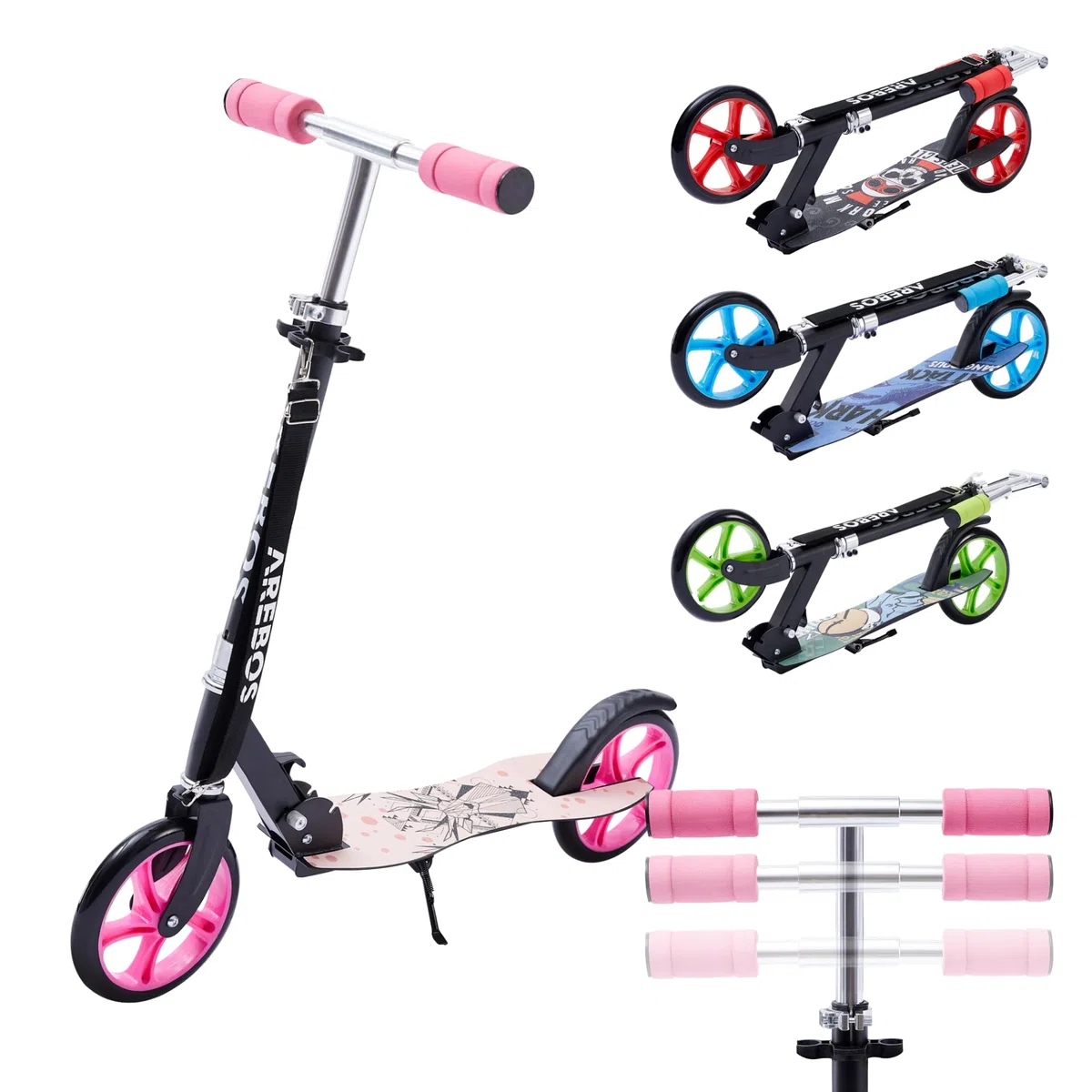 Arebos Patinete | ruedas XXL | correa de transporte | superficie antideslizante | altura ajustable | freno de pedal | máx. 100 kg
