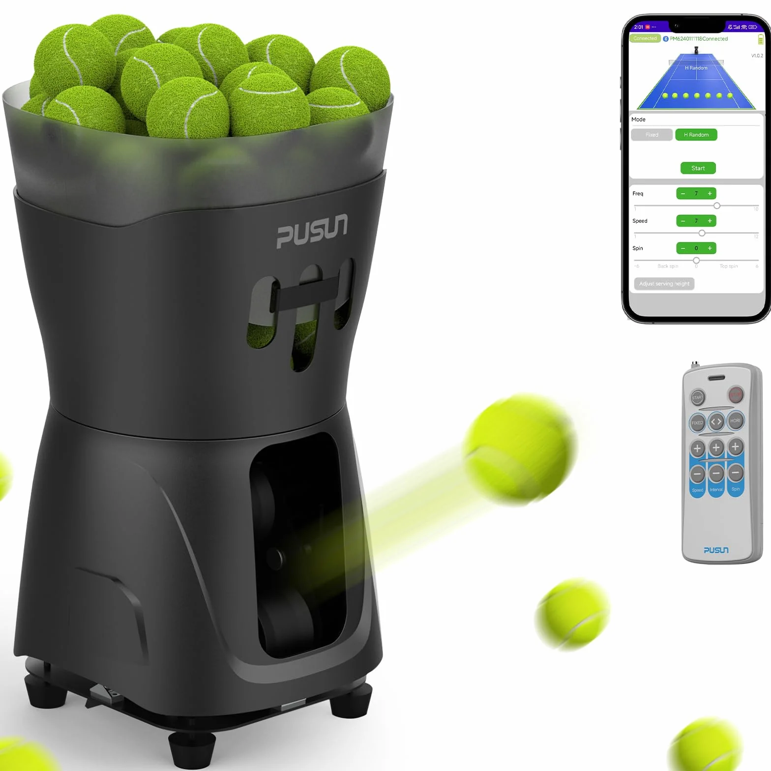 PUSUN PT Mini Pro - Máquina de pelotas de tenis - Entrenador inteligente portátil para principiantes, capacidad de pelota de más de 65 años, duración de la batería de 3-5 horas, velocidad y ángulo de