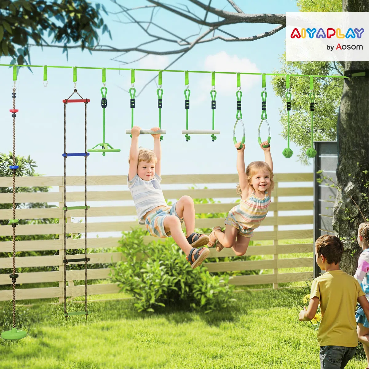 AIYAPLAY Ninja Slackline 10 m para niños Ninja Warrior Carrera de obstáculos Conjunto con Anillos de Gimnasia Slackline, Rueda Spinner, Columpio, Postes de Escalada, Bandeja Colgante, Escalera de