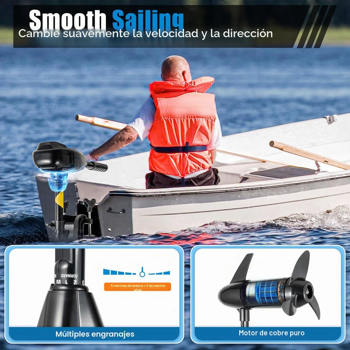 Motor Fueraborda Eléctrico 12V 800W, Motor de Arrastre para Barco 85lb, 5 Marchas Adelante y 3 Atrás, Indicador de Batería, Angulo Ajustable, Hélice de 3 Palas, para Kayak, Bote Inflable y Pesca
