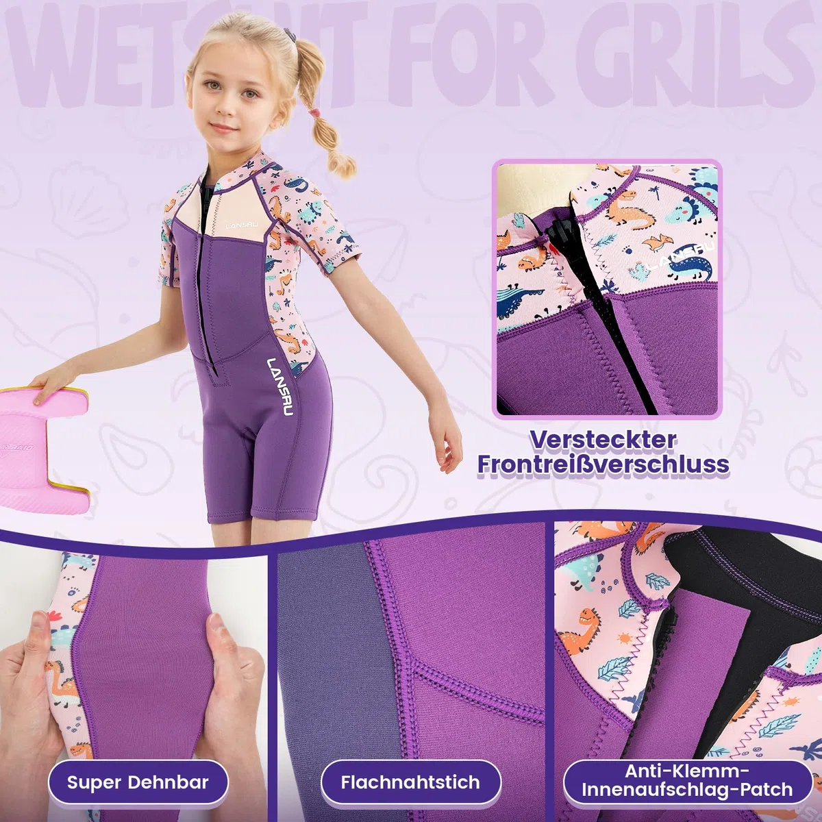 Traje de neopreno para niños: traje de neopreno corto de 2,5 mm, neopreno SCR mejorado, material más seguro, protección UV, cremallera frontal para clases de natación, mantiene el calor en agua