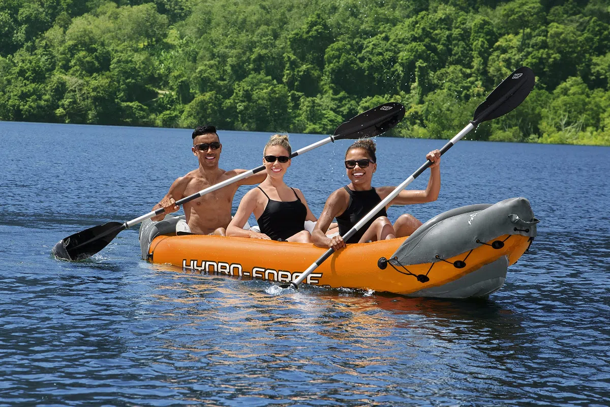 Bestway Kayak Hydro-Force Rapid X3 | Juego de Barco Inflable con Bomba de Mano, paletas, Asientos, Aletas y Bolsa de Almacenamiento | Tres plazas
