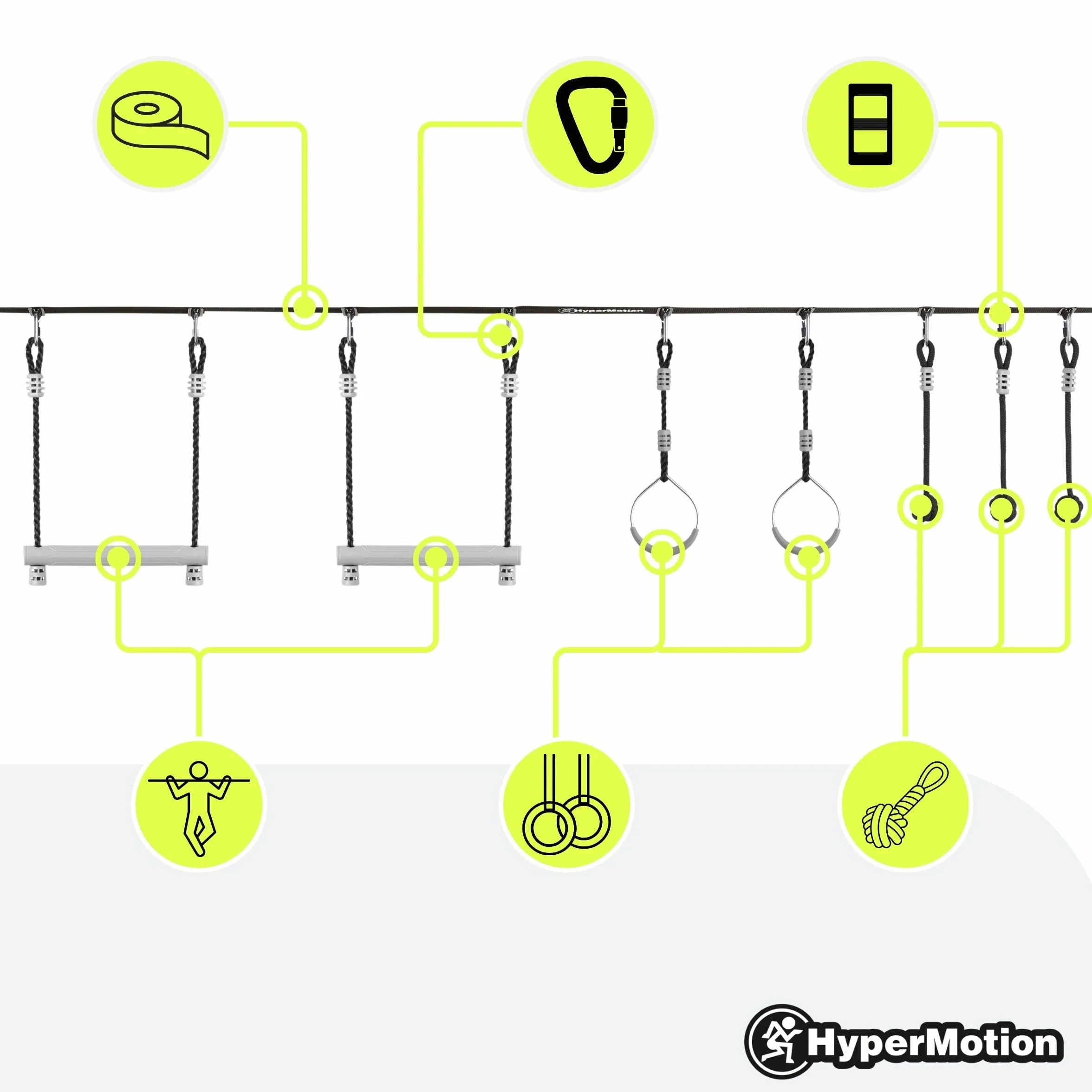 HyperMotion Juego de trayectoria de obstáculos Ninja para niños - 7 obstáculos con ruedas de mono puños y varillas - capacidad de carga hasta 113 kg - para jardín - juego de movimiento al aire libre