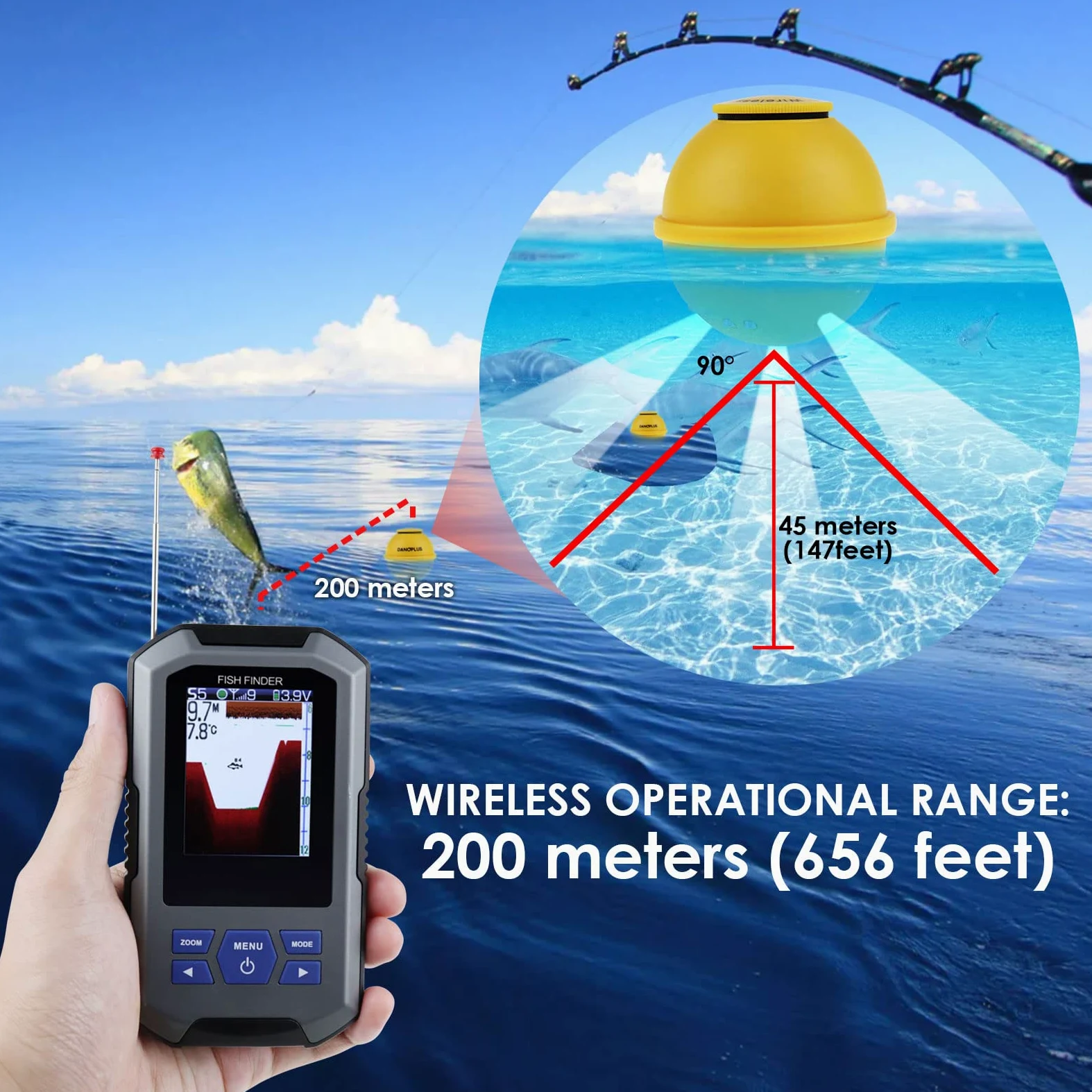 Localizador de Peces Inalámbrico Sensor de Sonda 125kHz Frecuencia 45 Metros / 147 Pies Profundidad Alarma Función y Largo LCD Monitor