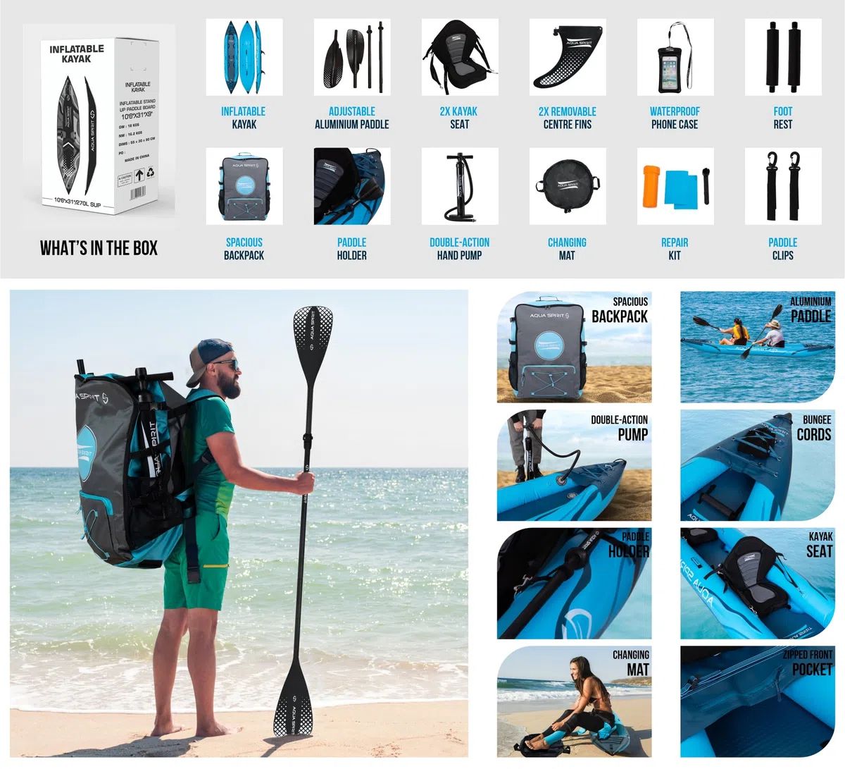 Aqua Spirit Tabla inflable de kayak | 10'12.7 cm/13'12.7 cm | Kit completo de kayak para 1 o 2 personas con remo, mochila, bomba de doble acción y más accesorios | Adultos principiantes/expertos